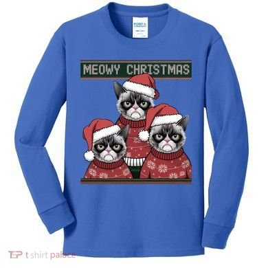 Meowy Christmas Grumpy Annoyed Cat Ugly Design Gift Kids Long Sleeve Shirt