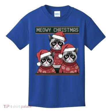 Meowy Christmas Grumpy Annoyed Cat Ugly Design Gift Kids T-Shirt