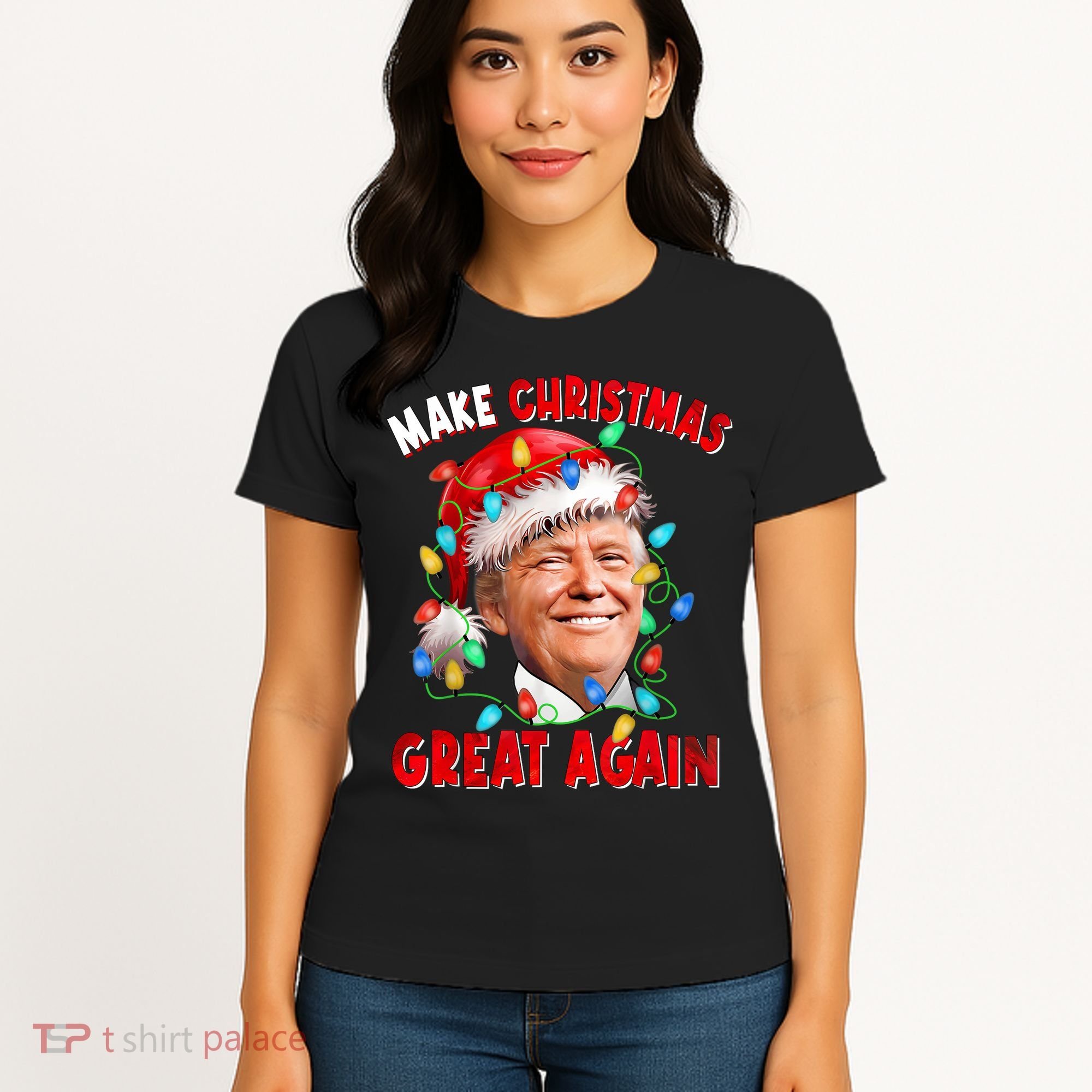Make Christmas Great Again Funny Donald Trump Xmas Lights Women's T-Shirt