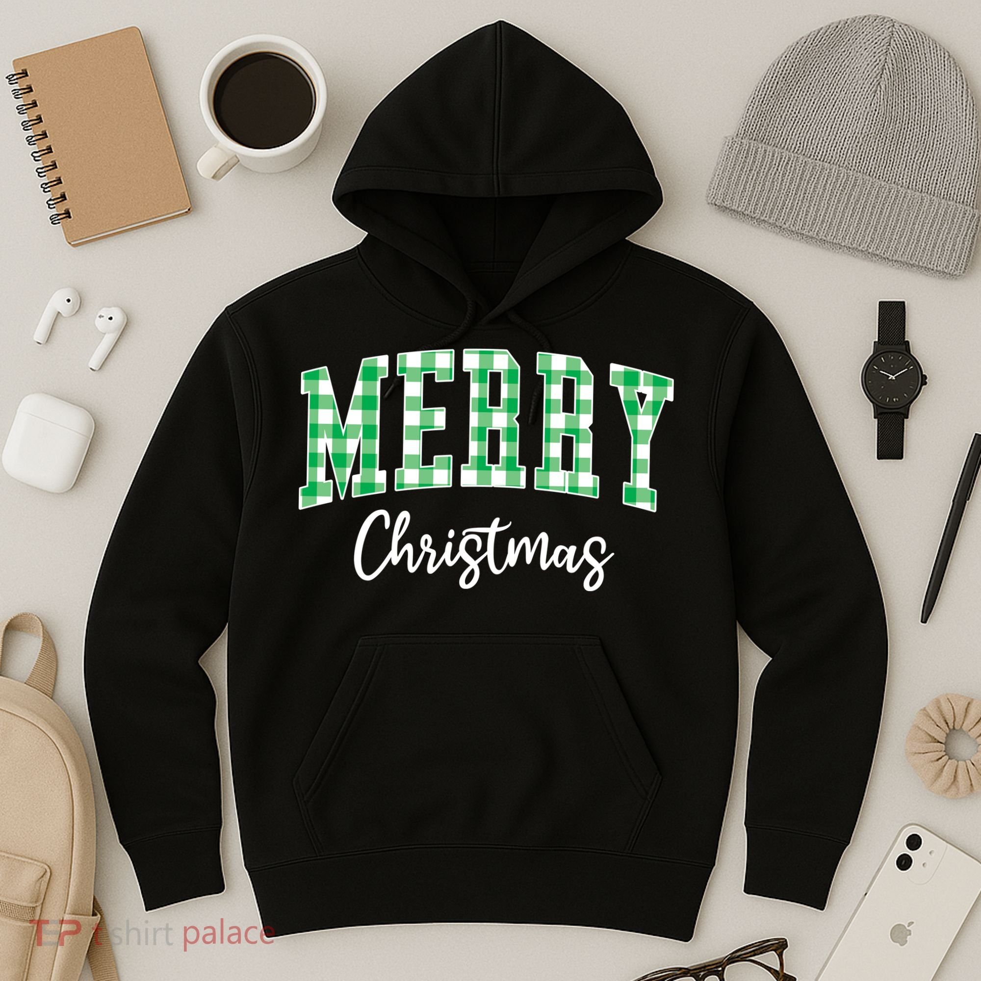 Merry Christmas Green Classic Checkered Hoodie