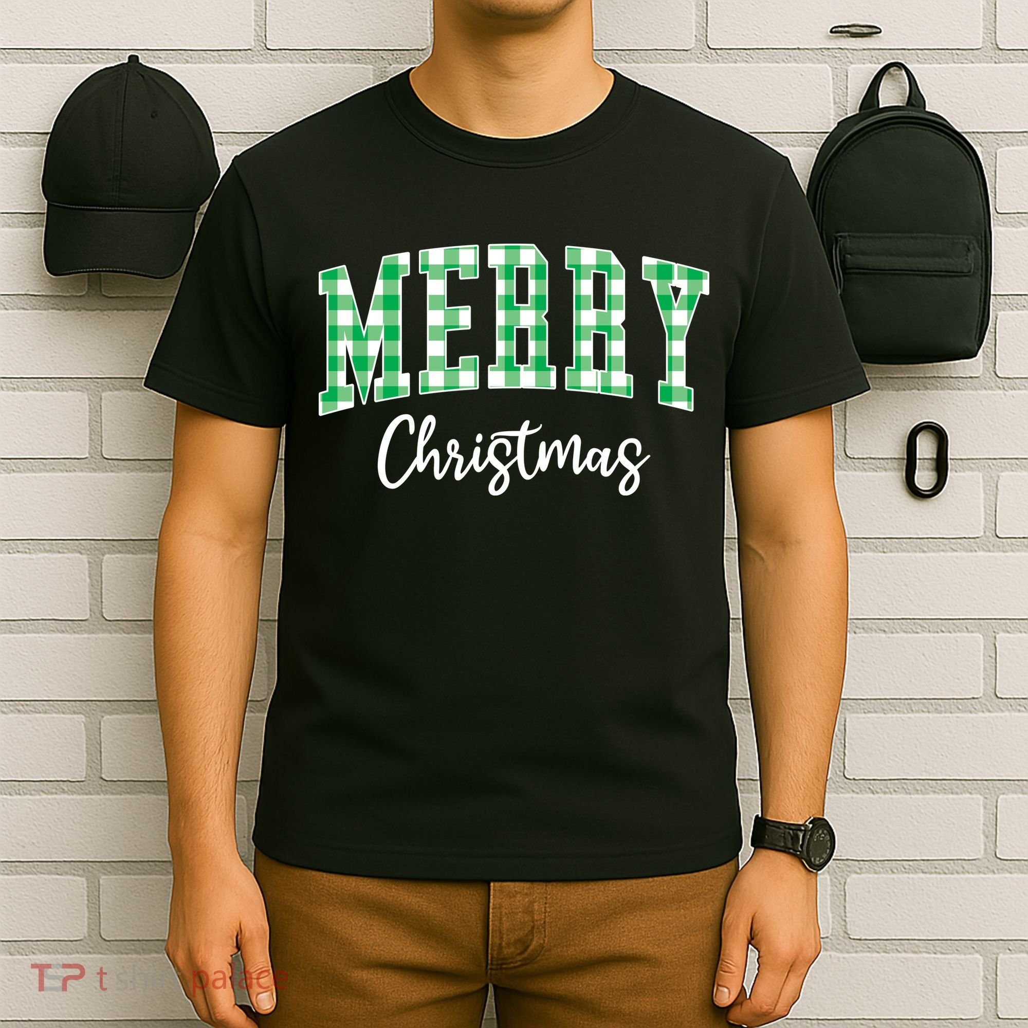 Merry Christmas Green Classic Checkered T-Shirt