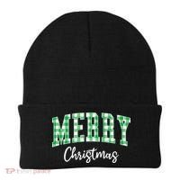 Merry Christmas Green Classic Checkered Beanie thumb 0