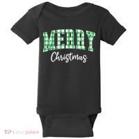 Merry Christmas Green Classic Checkered Baby Bodysuit thumb 0