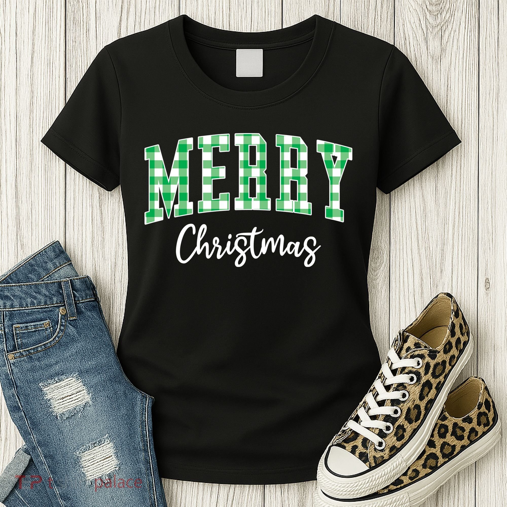 Merry Christmas Green Classic Checkered Women's T-Shirt