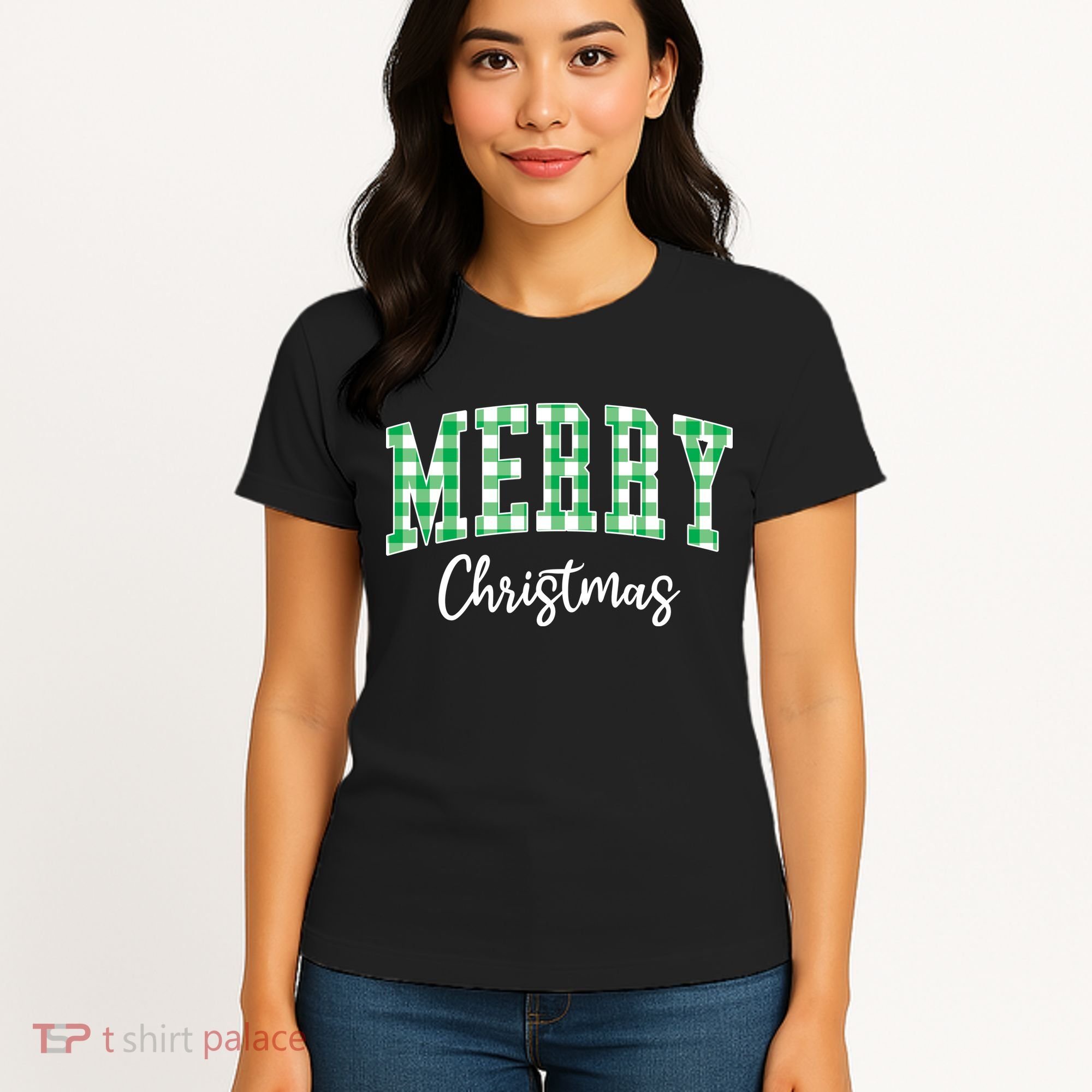 Merry Christmas Green Classic Checkered Women's T-Shirt
