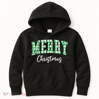 Merry Christmas Green Classic Checkered Kids Hoodie