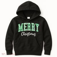 Merry Christmas Green Classic Checkered Kids Hoodie thumb 0