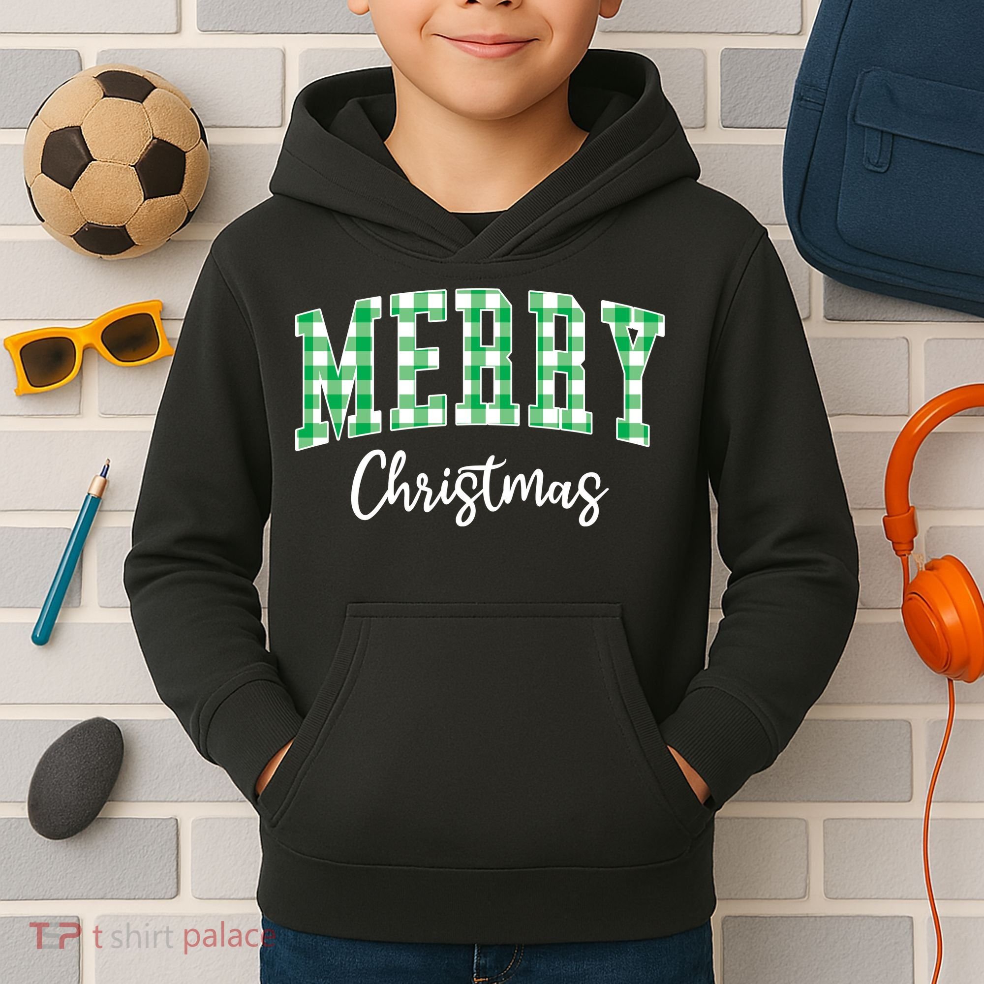 Merry Christmas Green Classic Checkered Kids Hoodie