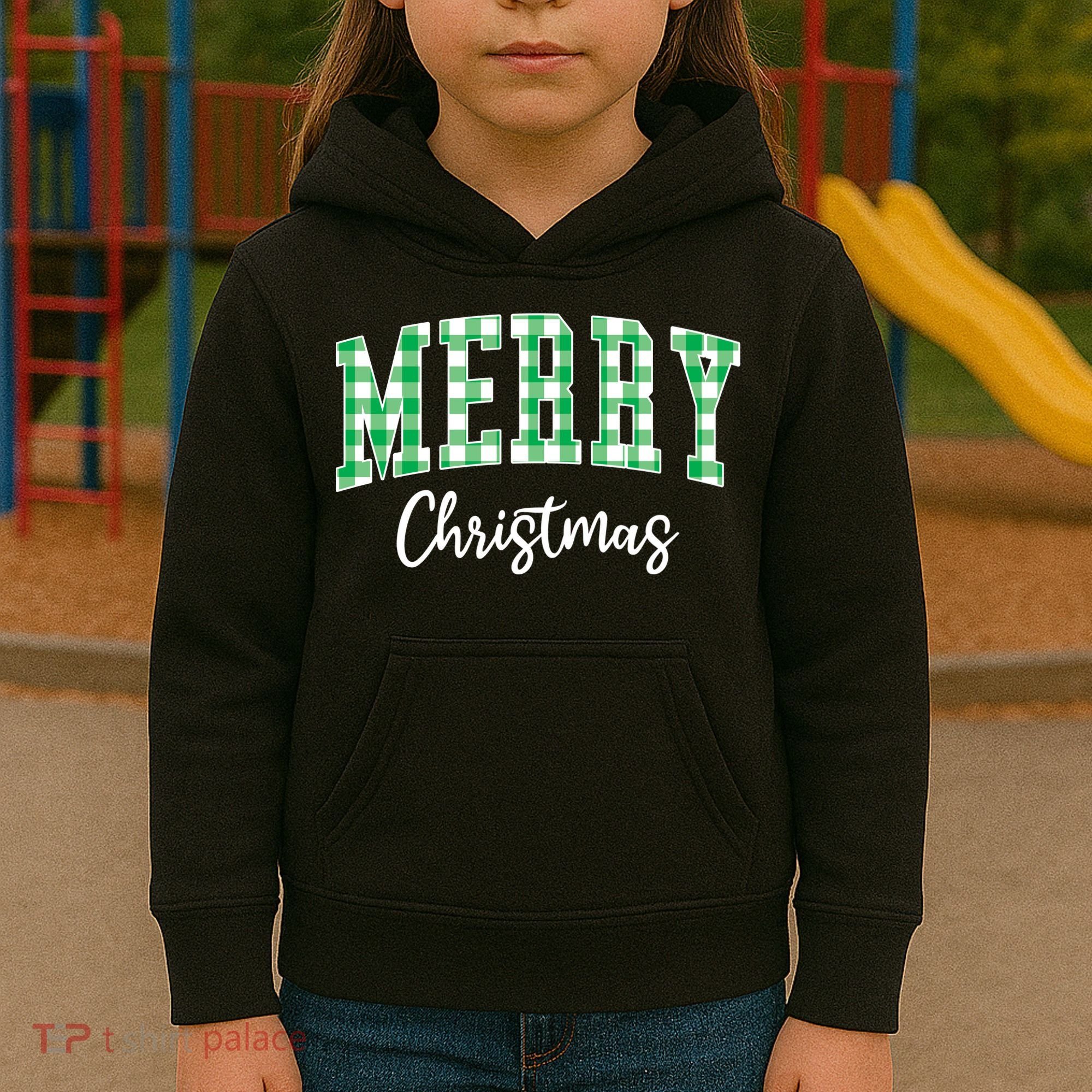 Merry Christmas Green Classic Checkered Kids Hoodie