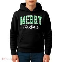 Merry Christmas Green Classic Checkered Kids Hoodie thumb 4
