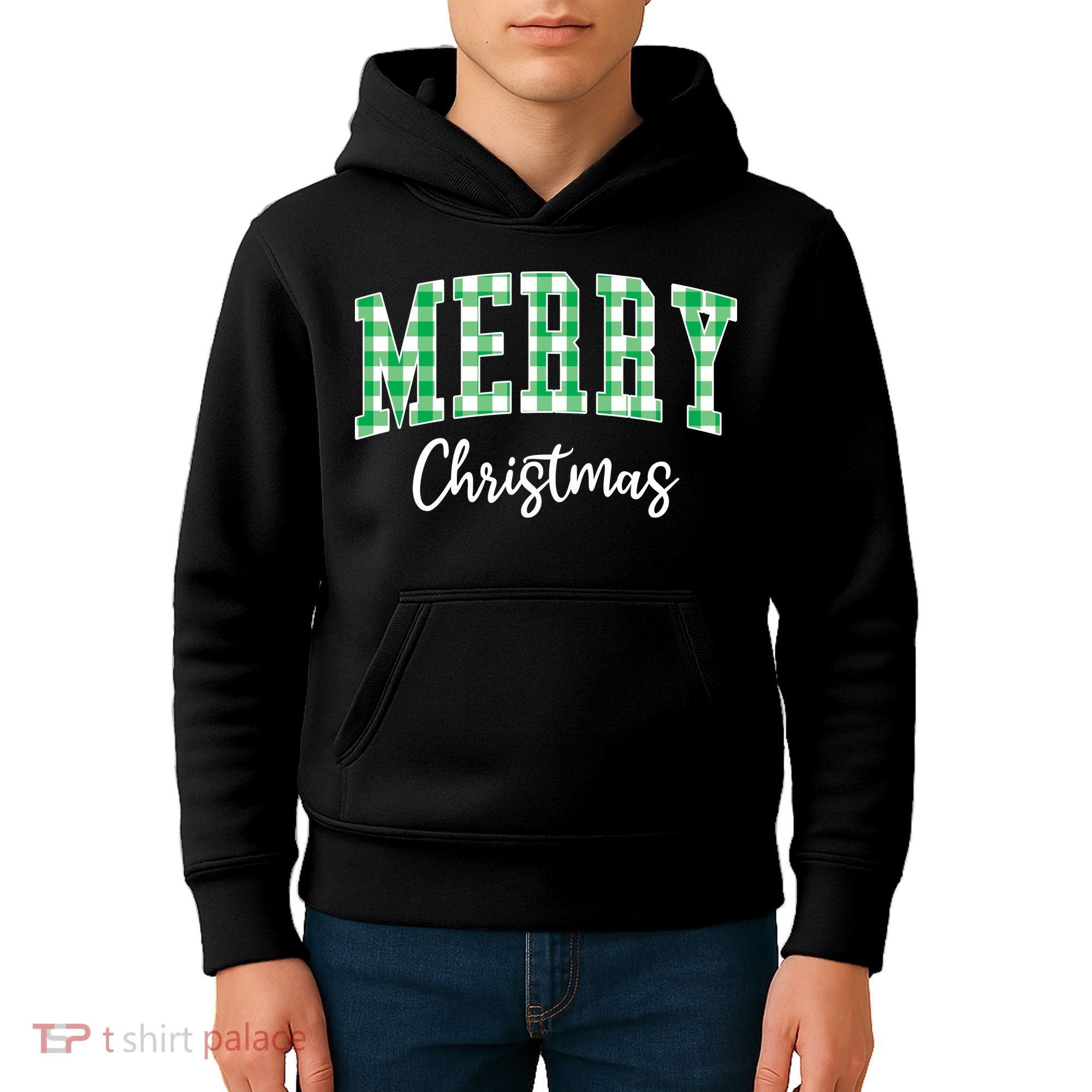 Merry Christmas Green Classic Checkered Kids Hoodie