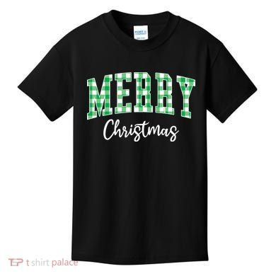 Merry Christmas Green Classic Checkered Kids T-Shirt