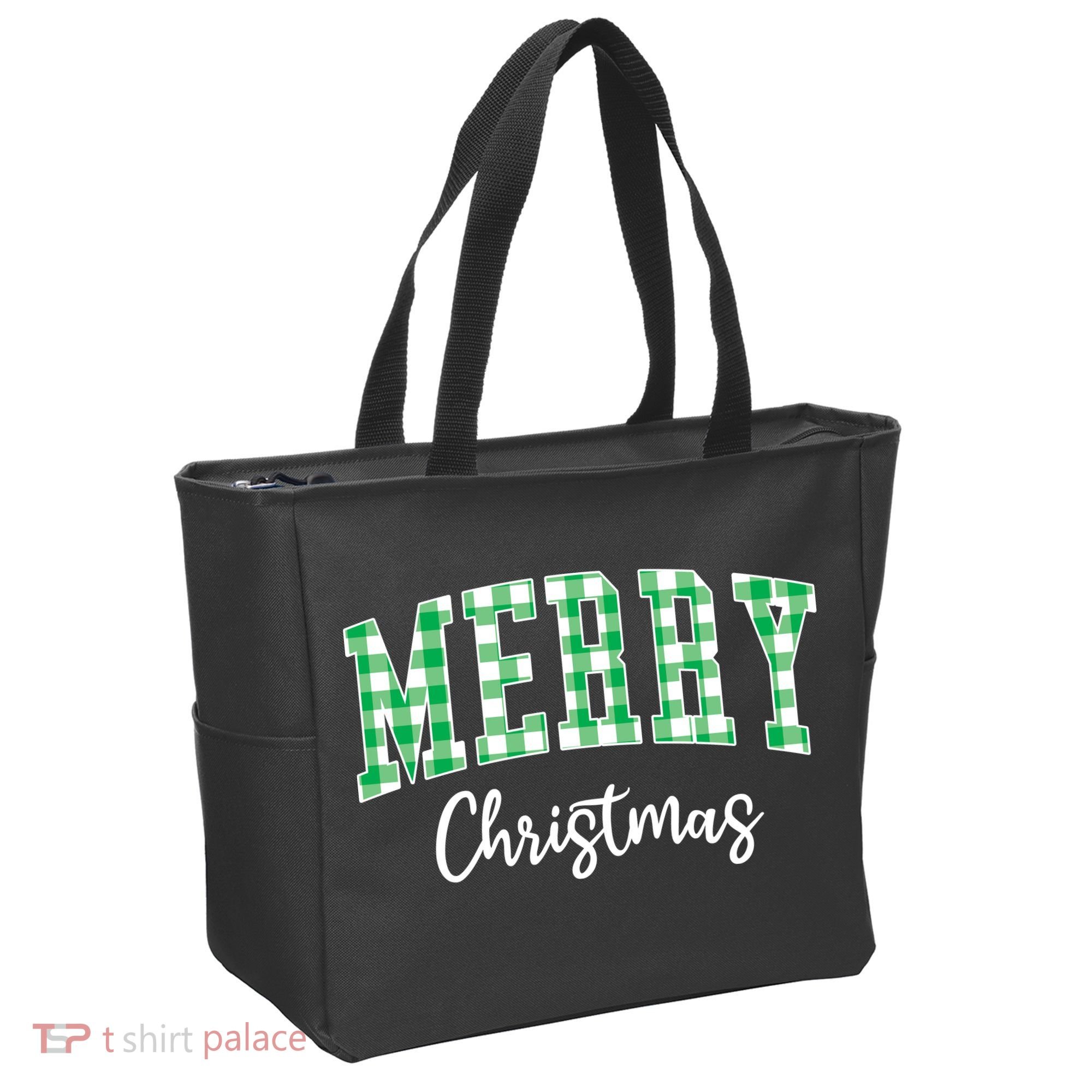 Merry Christmas Green Classic Checkered Tote Bag