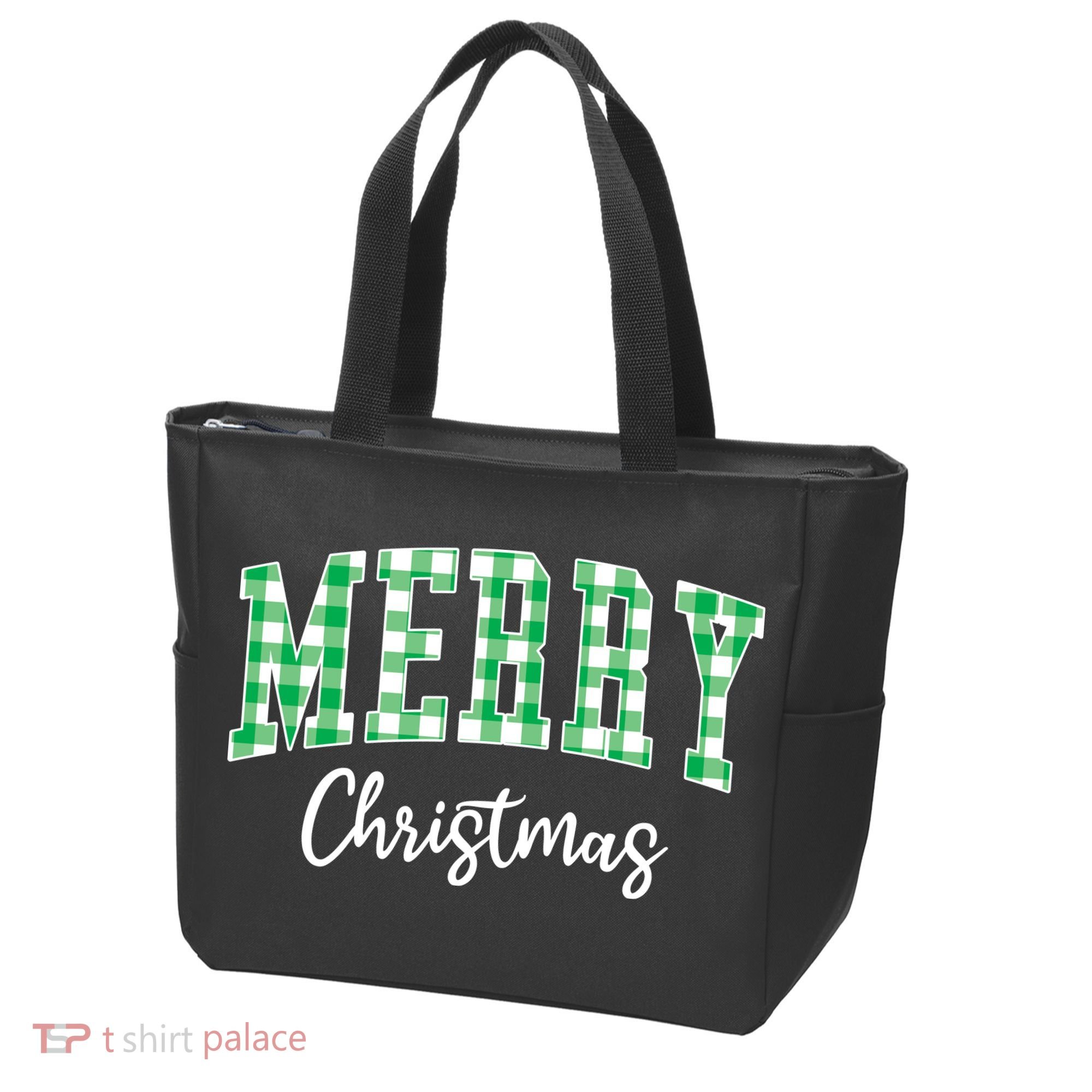 Merry Christmas Green Classic Checkered Tote Bag