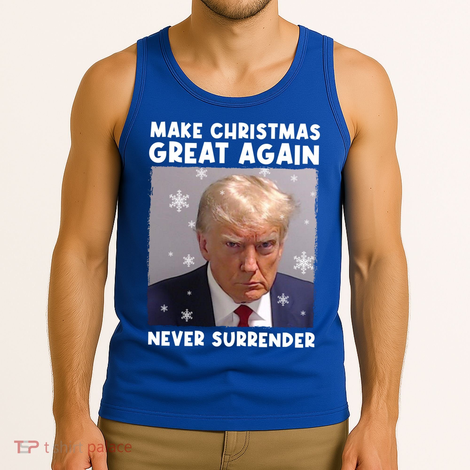 Make Christmas Great Again Trump Mug Shot Never Surrender Gift Tank Top