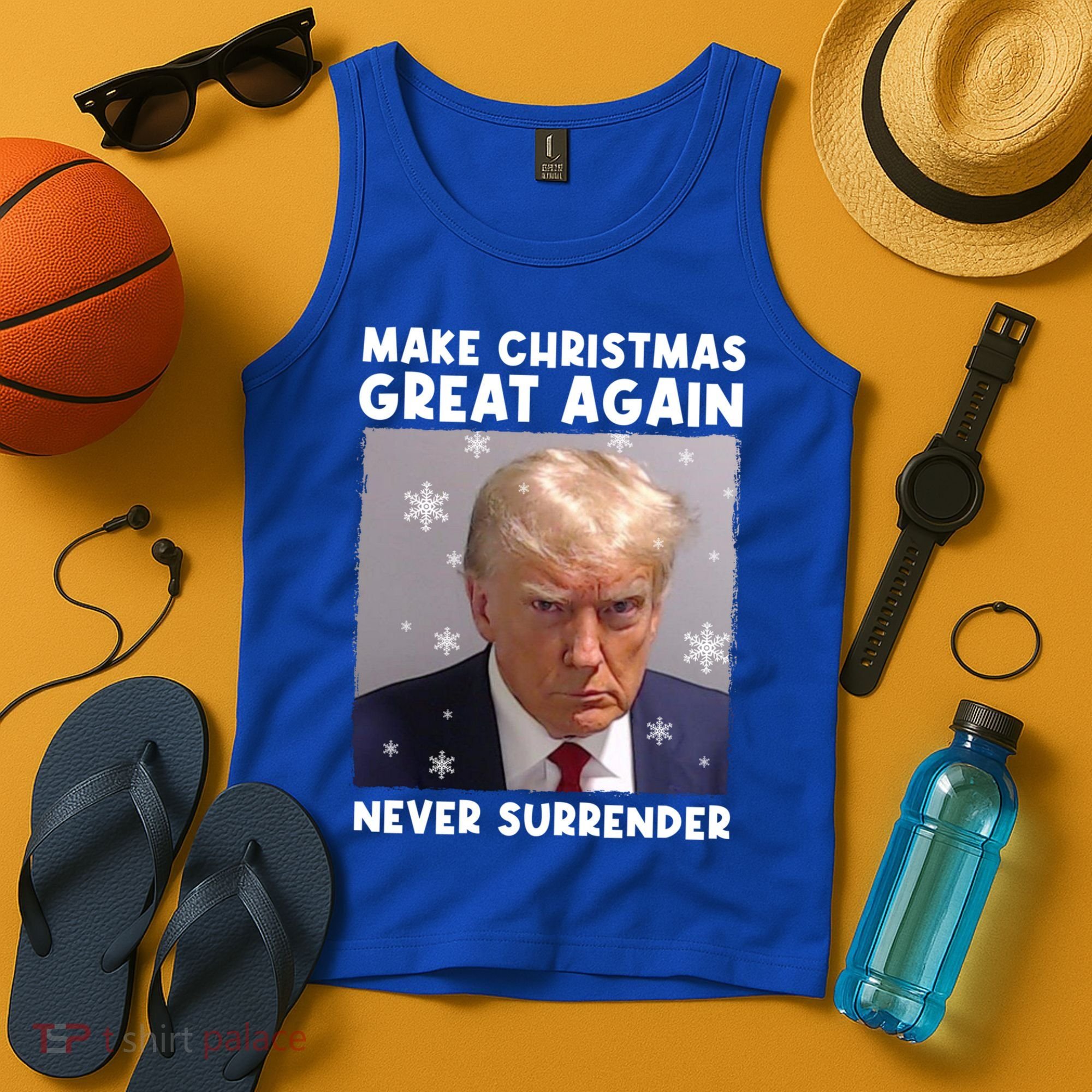 Make Christmas Great Again Trump Mug Shot Never Surrender Gift Tank Top