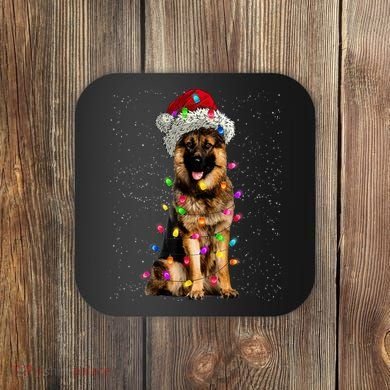 Merry Christmas German Shepherd Santa Hat Lights Xmas Coaster
