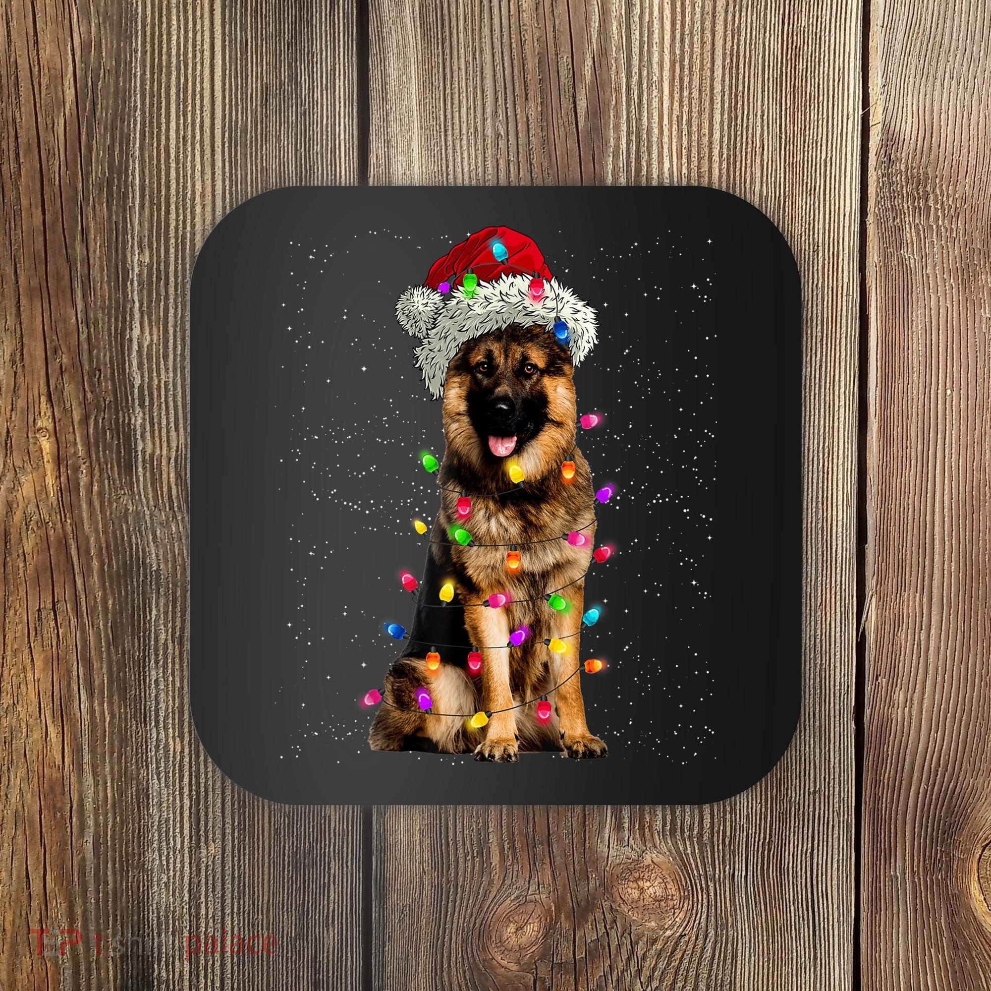 Merry Christmas German Shepherd Santa Hat Lights Xmas Coaster