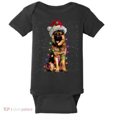 Merry Christmas German Shepherd Santa Hat Lights Xmas Baby Bodysuit