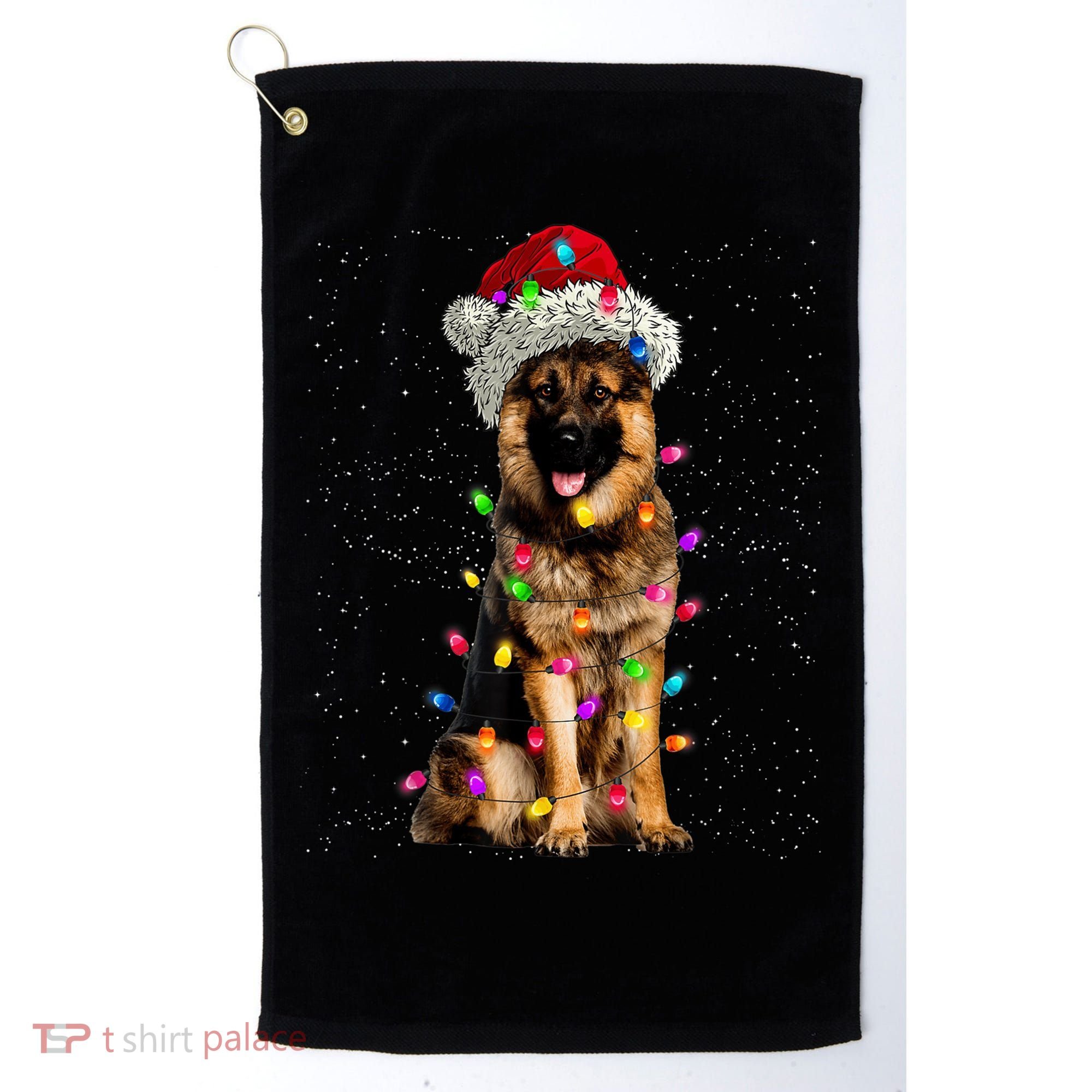 Merry Christmas German Shepherd Santa Hat Lights Xmas Golf Towel