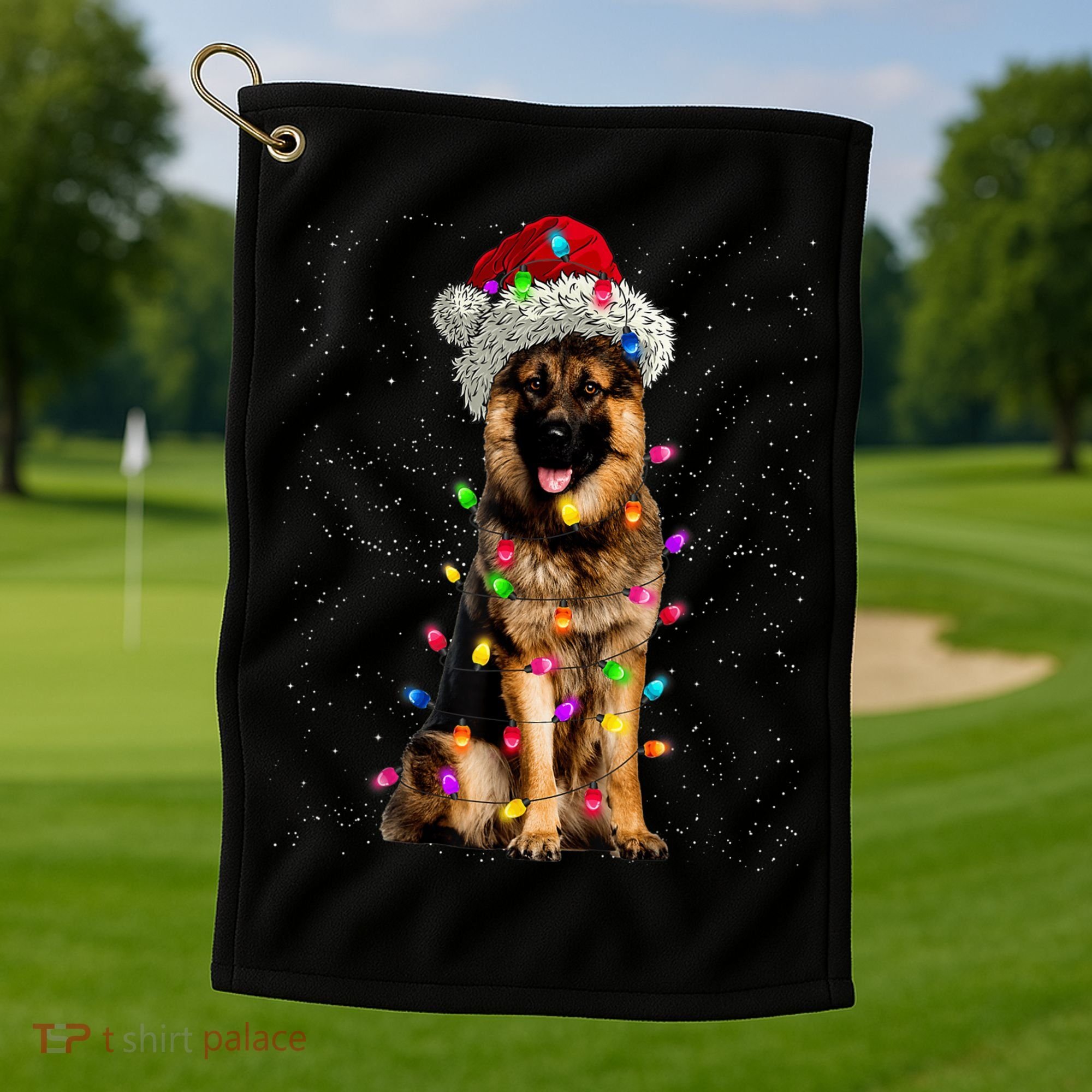 Merry Christmas German Shepherd Santa Hat Lights Xmas Golf Towel