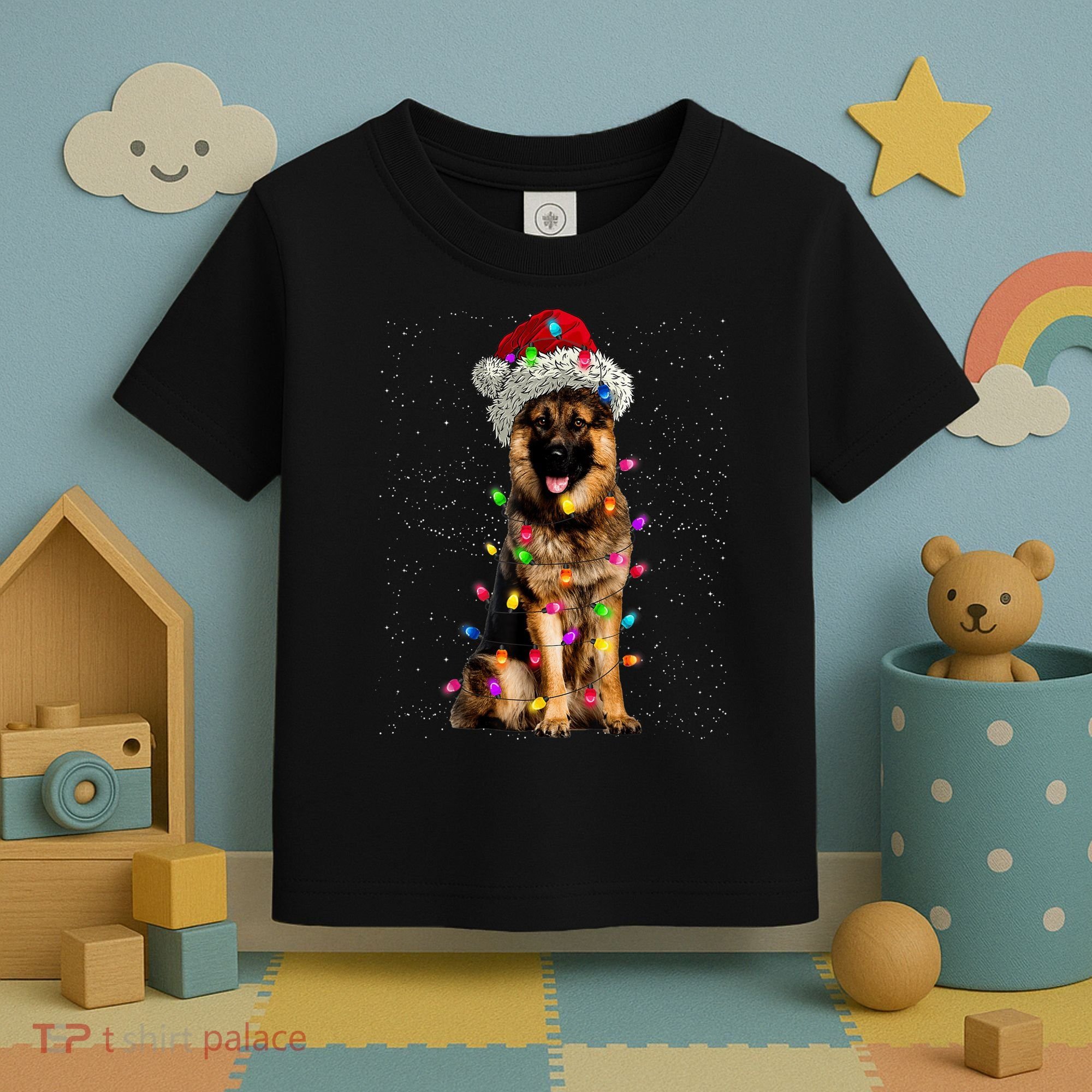 Merry Christmas German Shepherd Santa Hat Lights Xmas Toddler T-Shirt