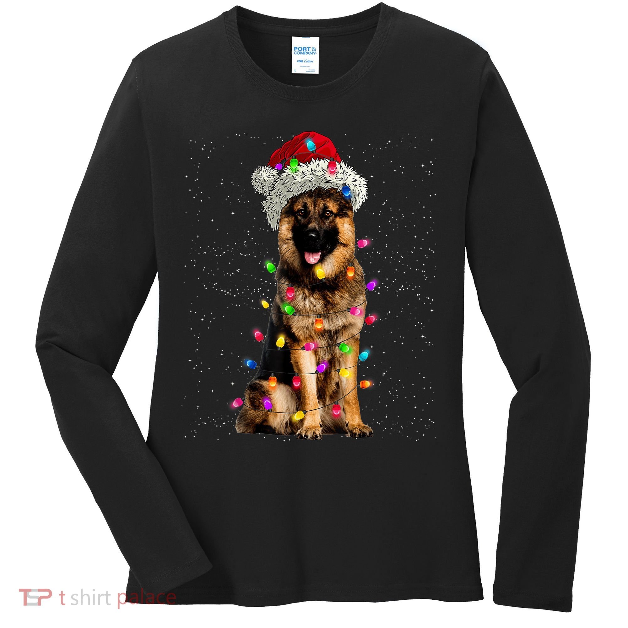 Merry Christmas German Shepherd Santa Hat Lights Xmas Women's Long Sleeve Shirt