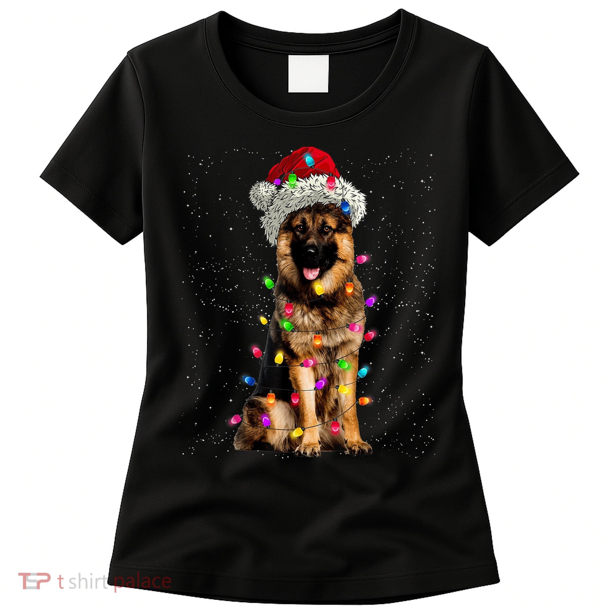 Merry Christmas German Shepherd Santa Hat Lights Xmas Women's T-Shirt