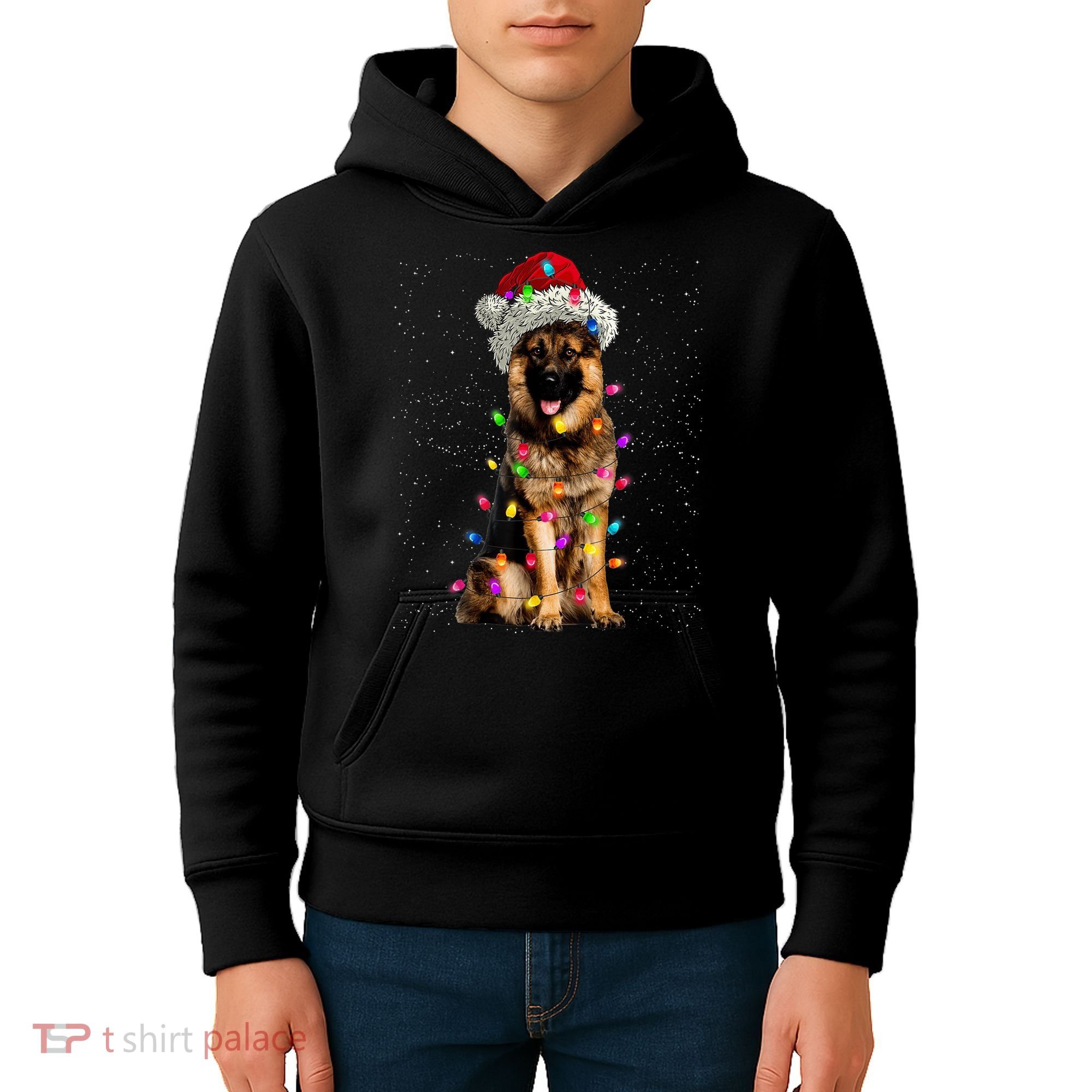 Merry Christmas German Shepherd Santa Hat Lights Xmas Kids Hoodie