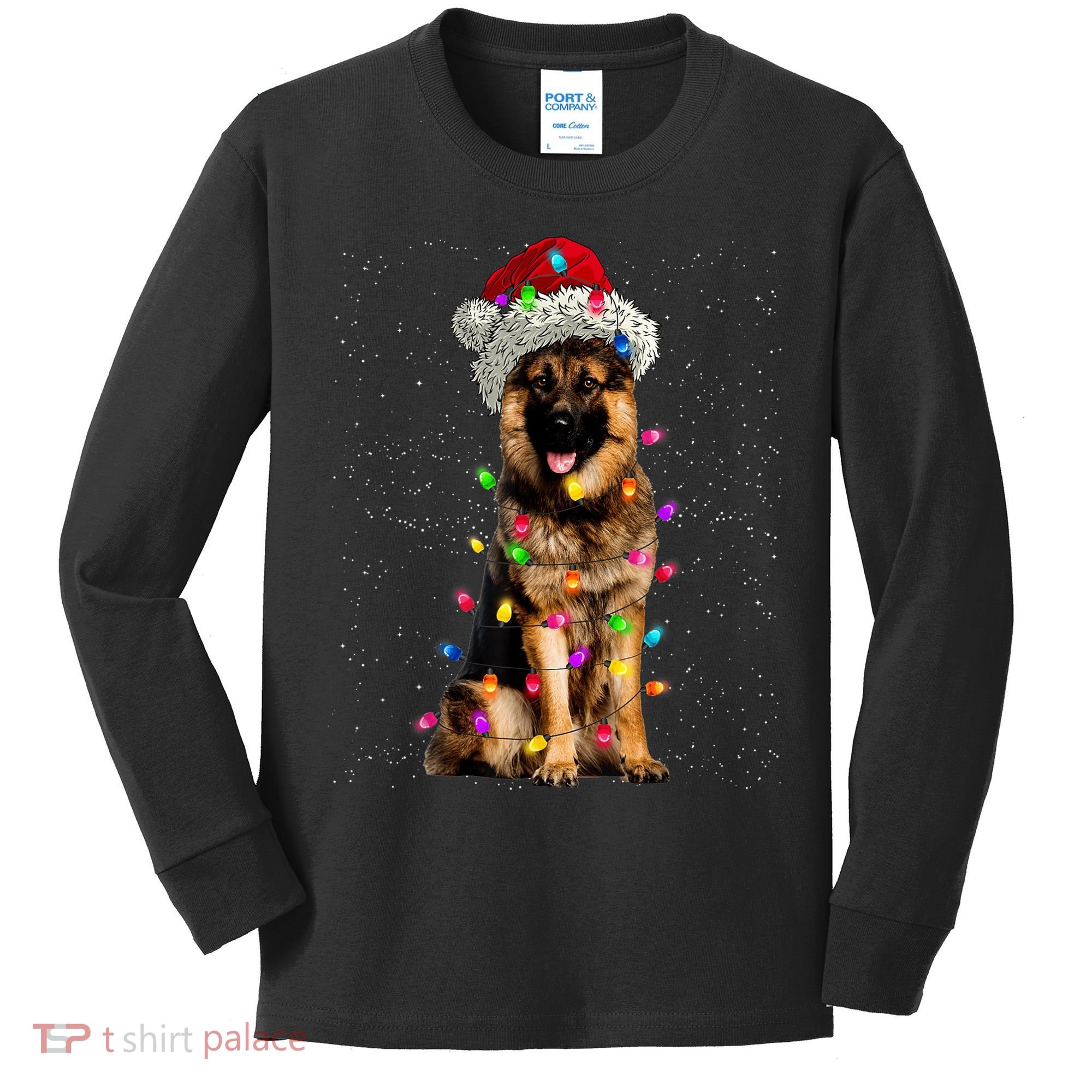 Merry Christmas German Shepherd Santa Hat Lights Xmas Kids Long Sleeve Shirt