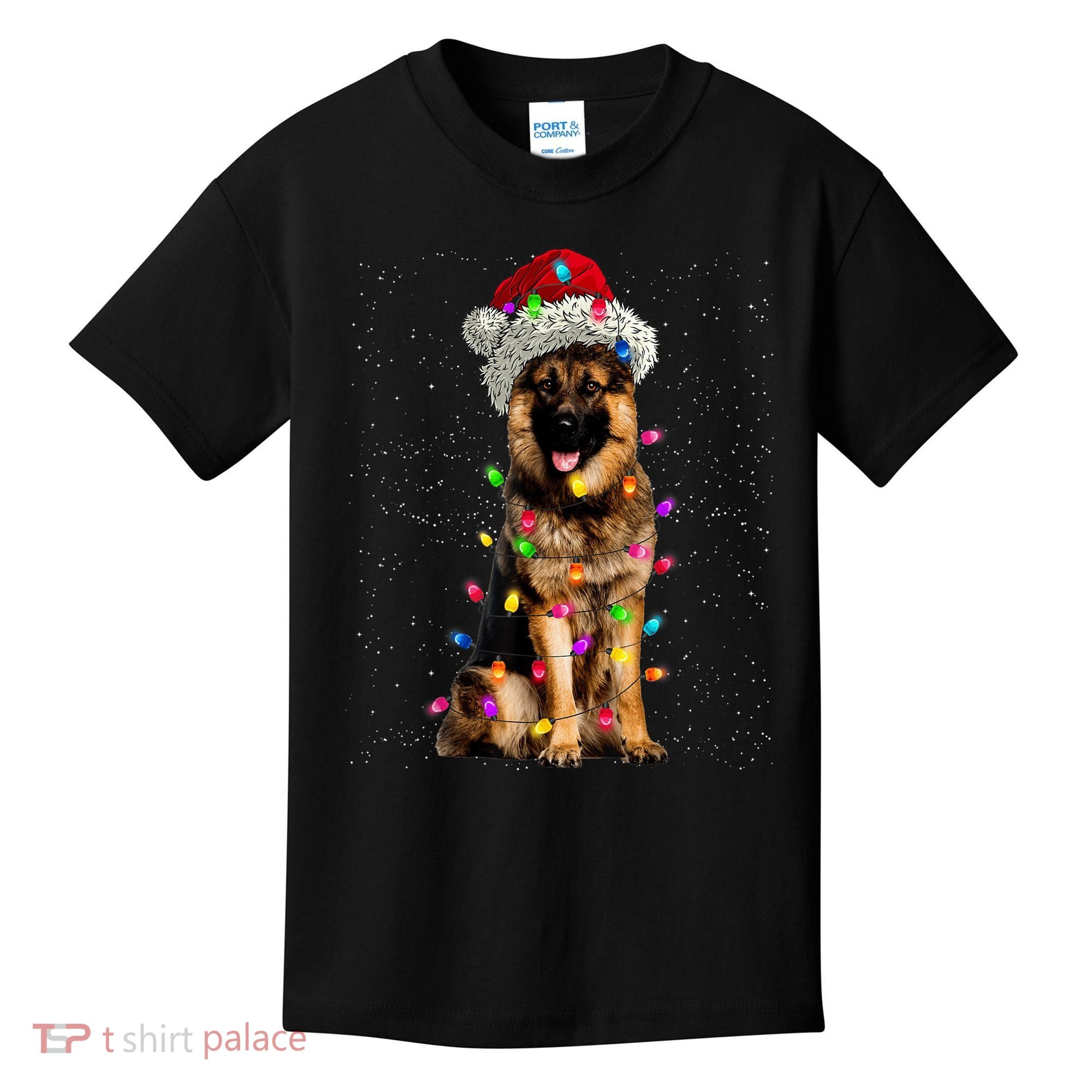 Merry Christmas German Shepherd Santa Hat Lights Xmas Kids T-Shirt
