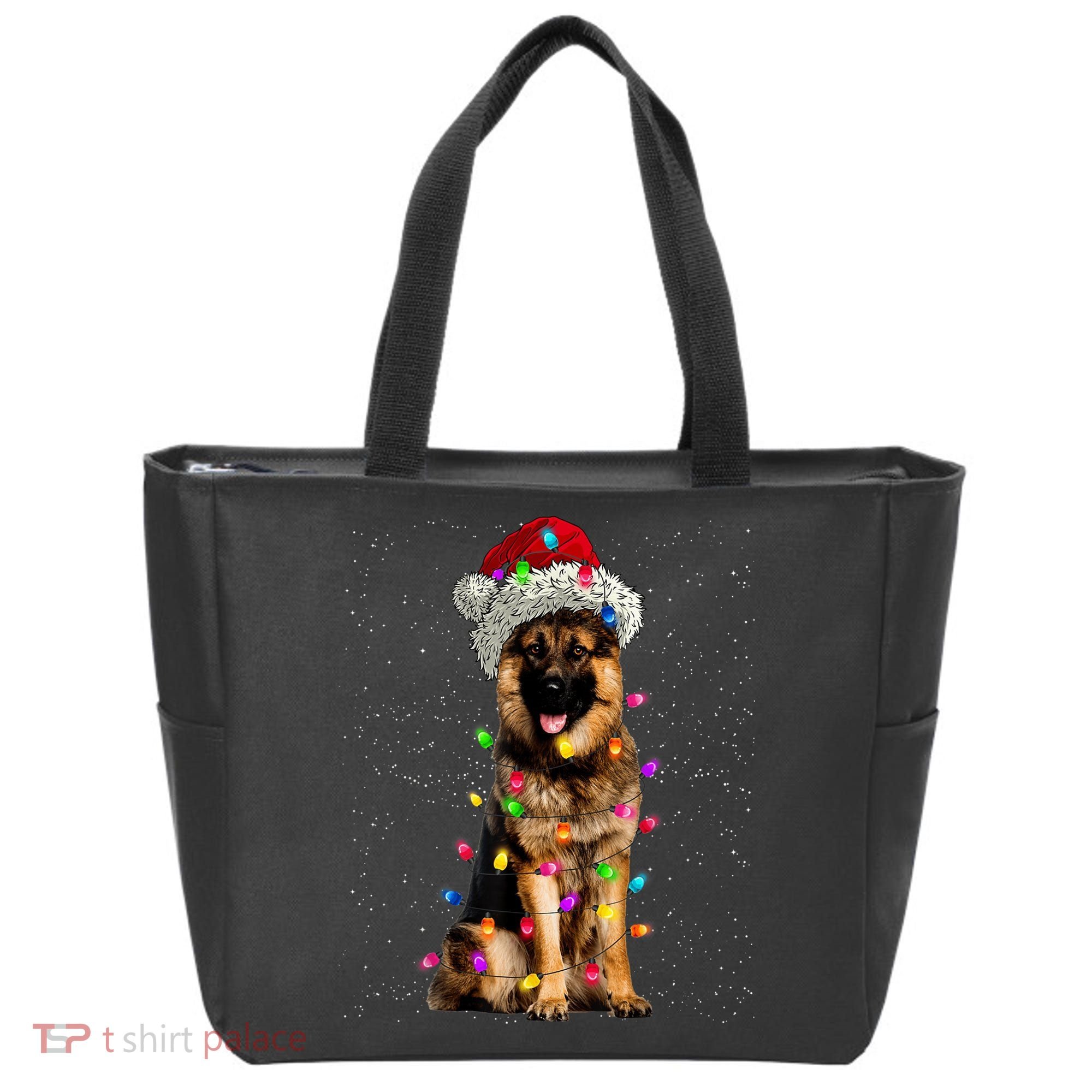Merry Christmas German Shepherd Santa Hat Lights Xmas Tote Bag