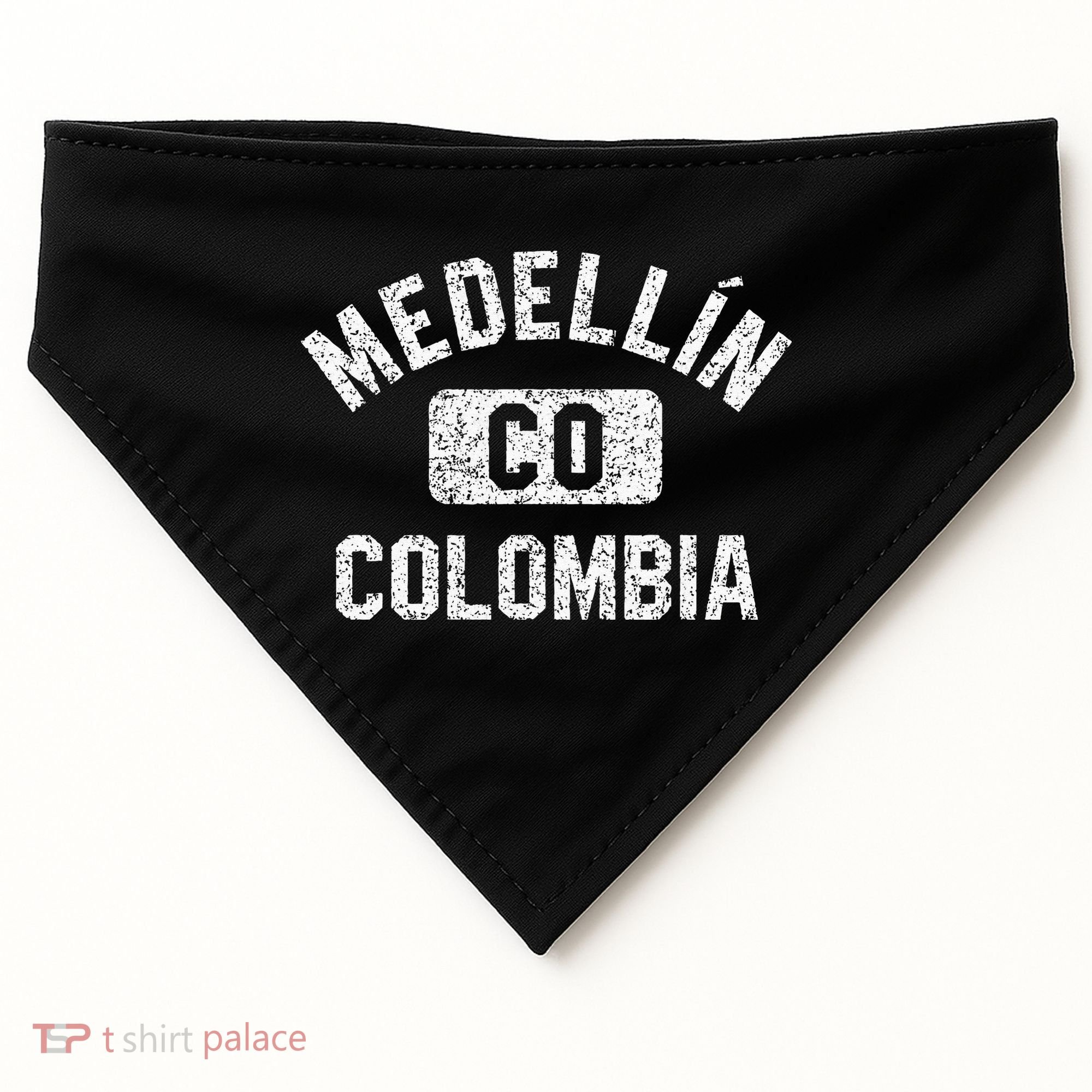 Medellin Colombia Gym Style Distressed White Print USA-Made Doggie Bandana