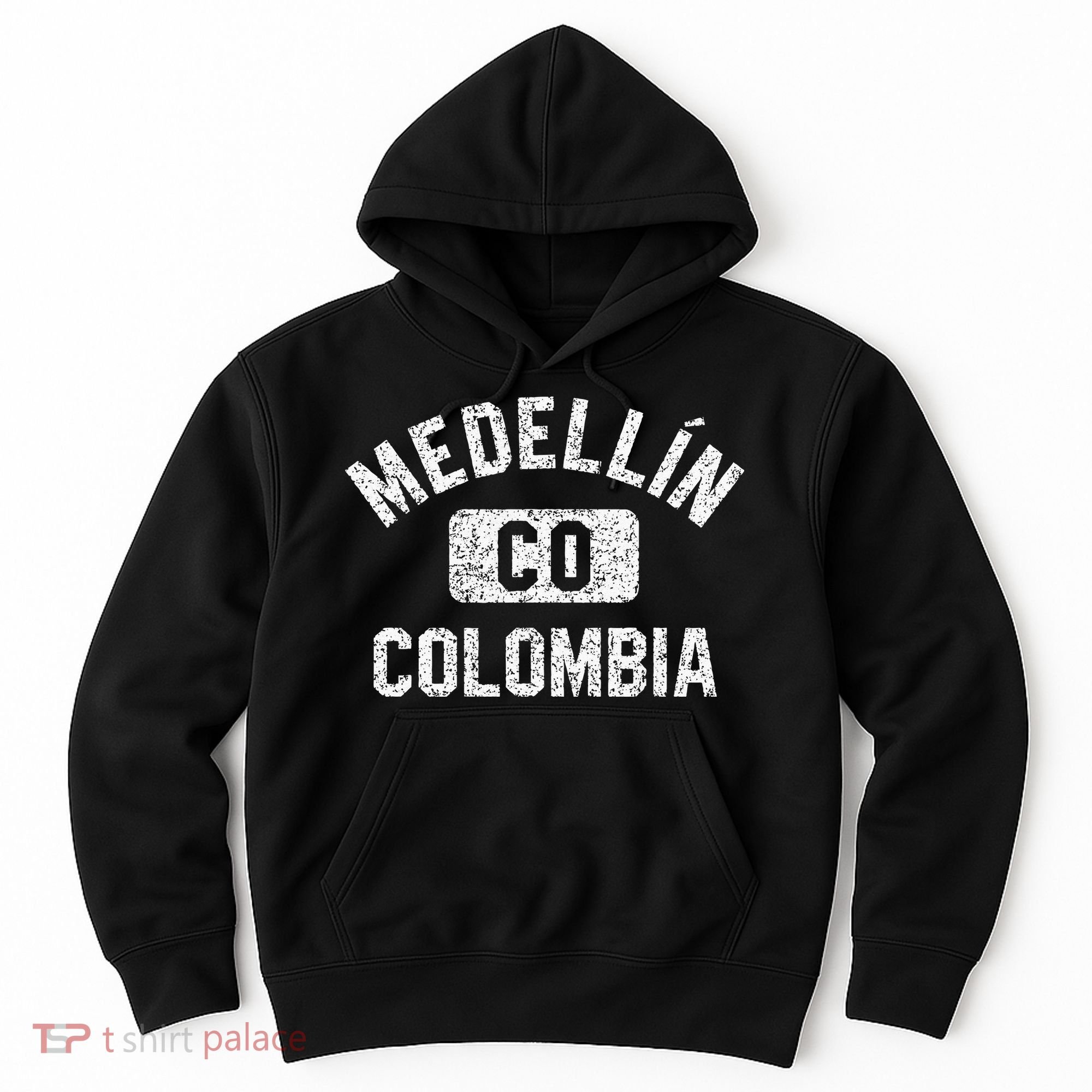 Medellin Colombia Gym Style Distressed White Print Hoodie