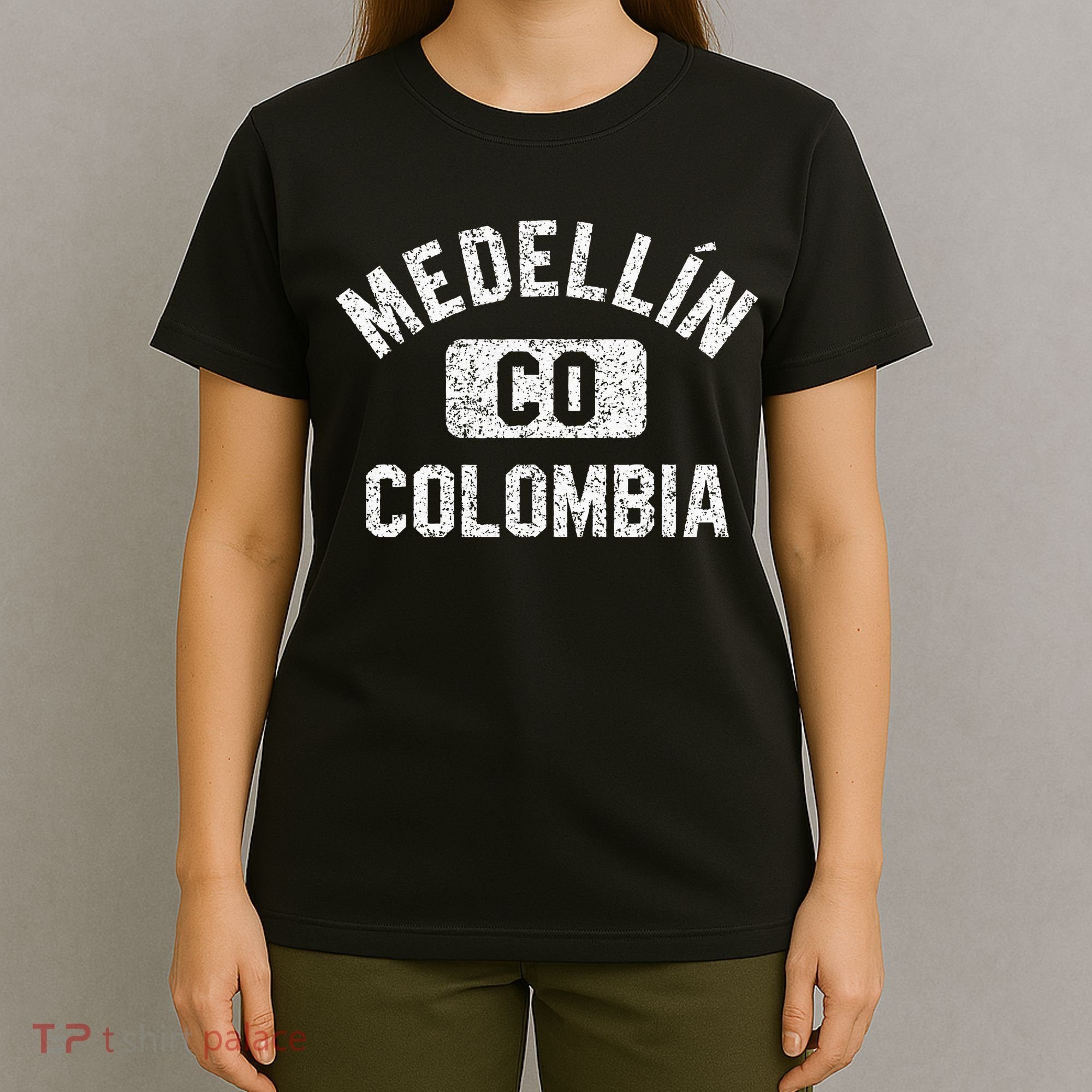 Medellin Colombia Gym Style Distressed White Print T-Shirt