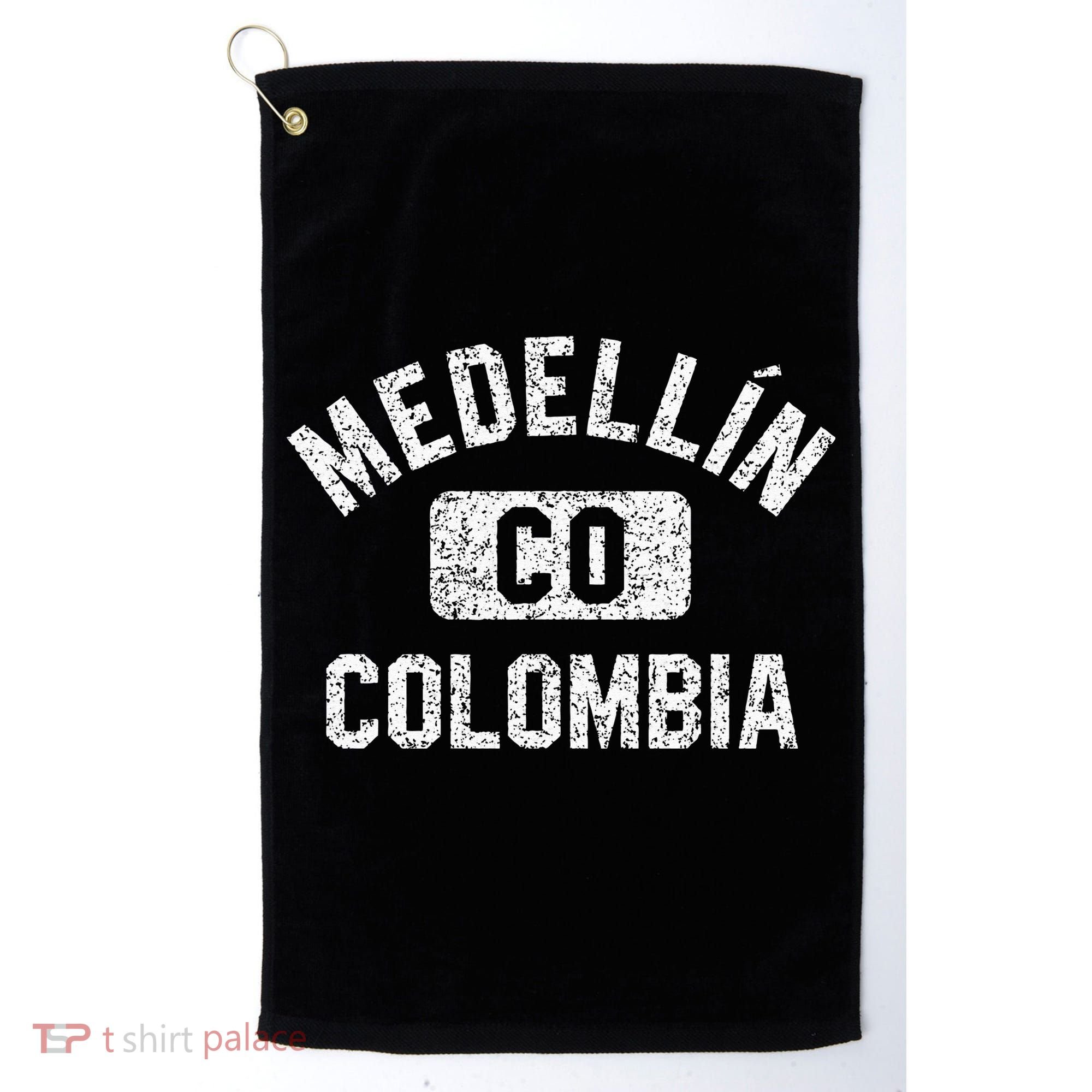 Medellin Colombia Gym Style Distressed White Print Golf Towel