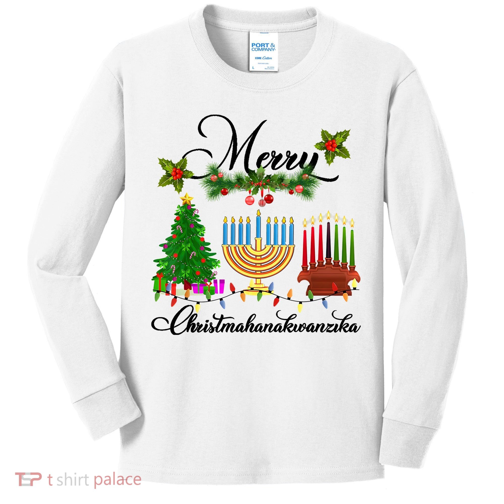 Merry Christmas Hanukkah Kwanzaa Hanukkah Jewish Kids Long Sleeve Shirt