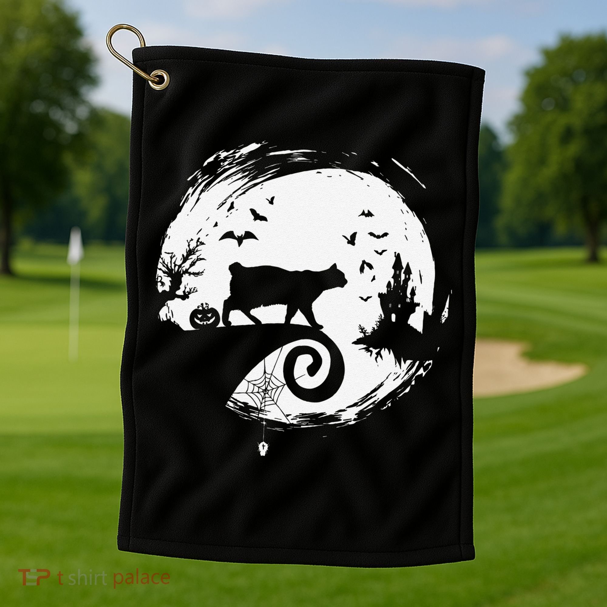 Manx Cat Halloween Costume Moon Silhouette Creepy Horror Golf Towel