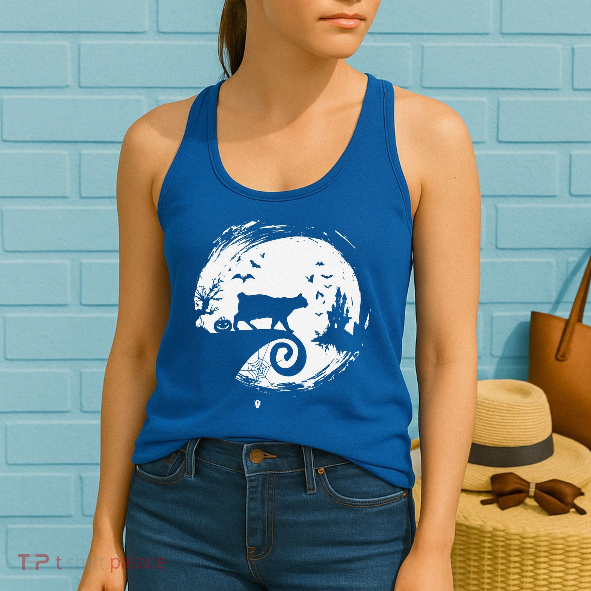 Manx Cat Halloween Costume Moon Silhouette Creepy Horror Women's Tank Top