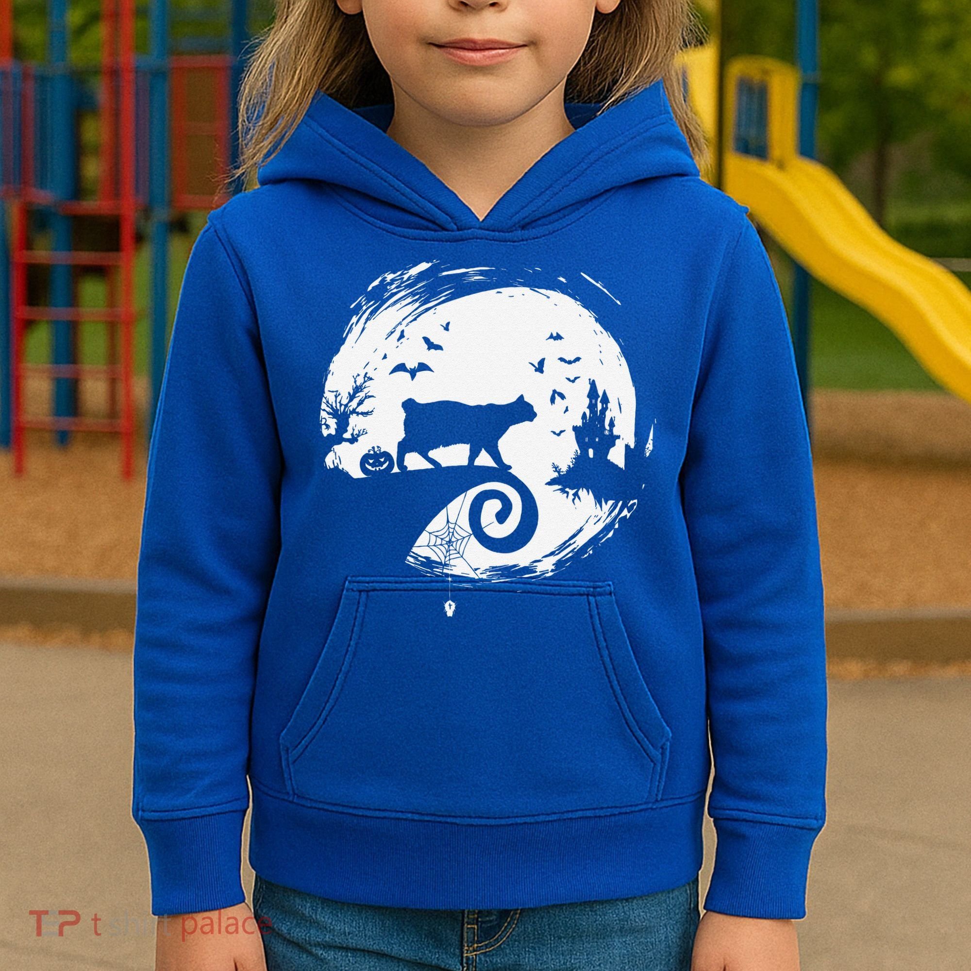 Manx Cat Halloween Costume Moon Silhouette Creepy Horror Kids Hoodie