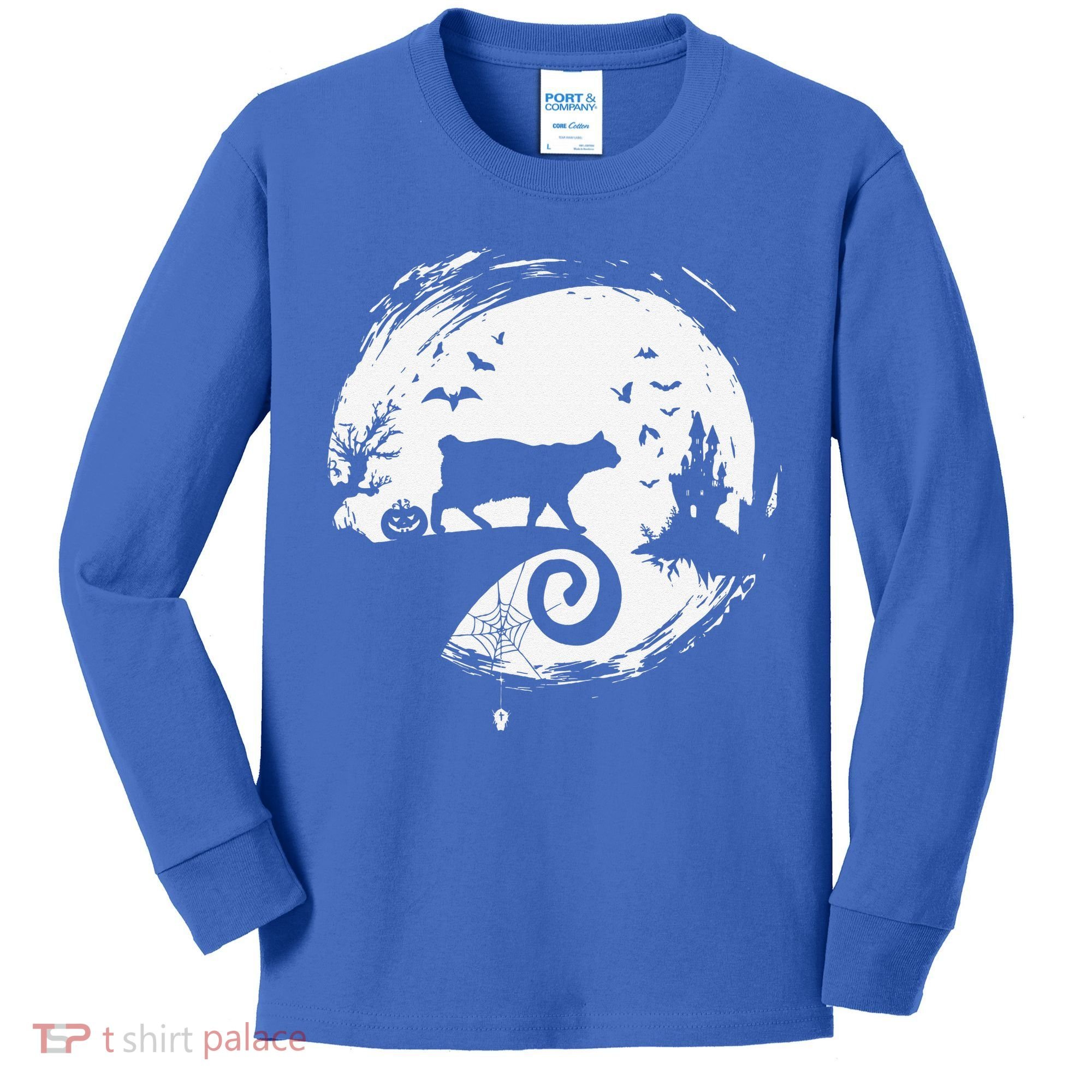 Manx Cat Halloween Costume Moon Silhouette Creepy Horror Kids Long Sleeve Shirt