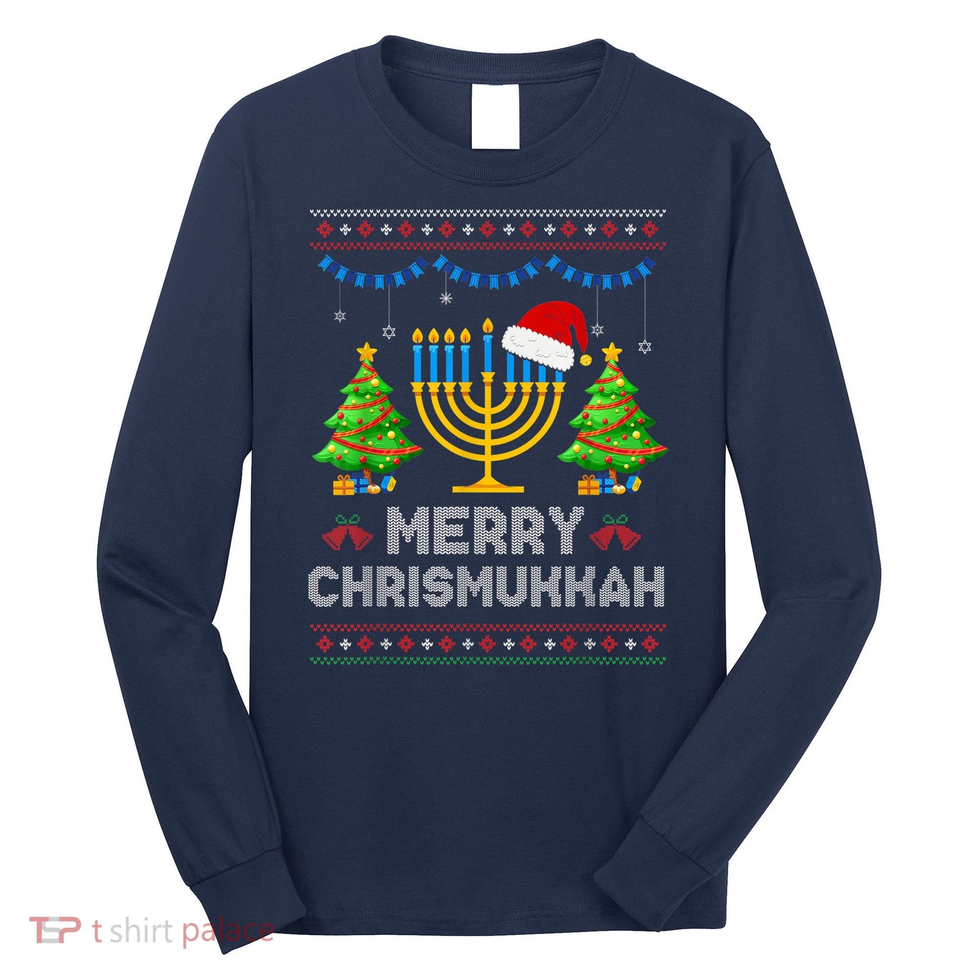 Merry Chrismukkah Happy Hanukkah Christmas Santa Hat Menorah Long Sleeve Shirt