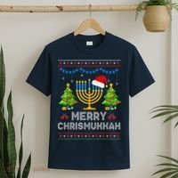 Merry Chrismukkah Happy Hanukkah Christmas Santa Hat Menorah T-Shirt thumb 2