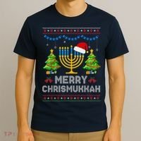 Merry Chrismukkah Happy Hanukkah Christmas Santa Hat Menorah T-Shirt thumb 3