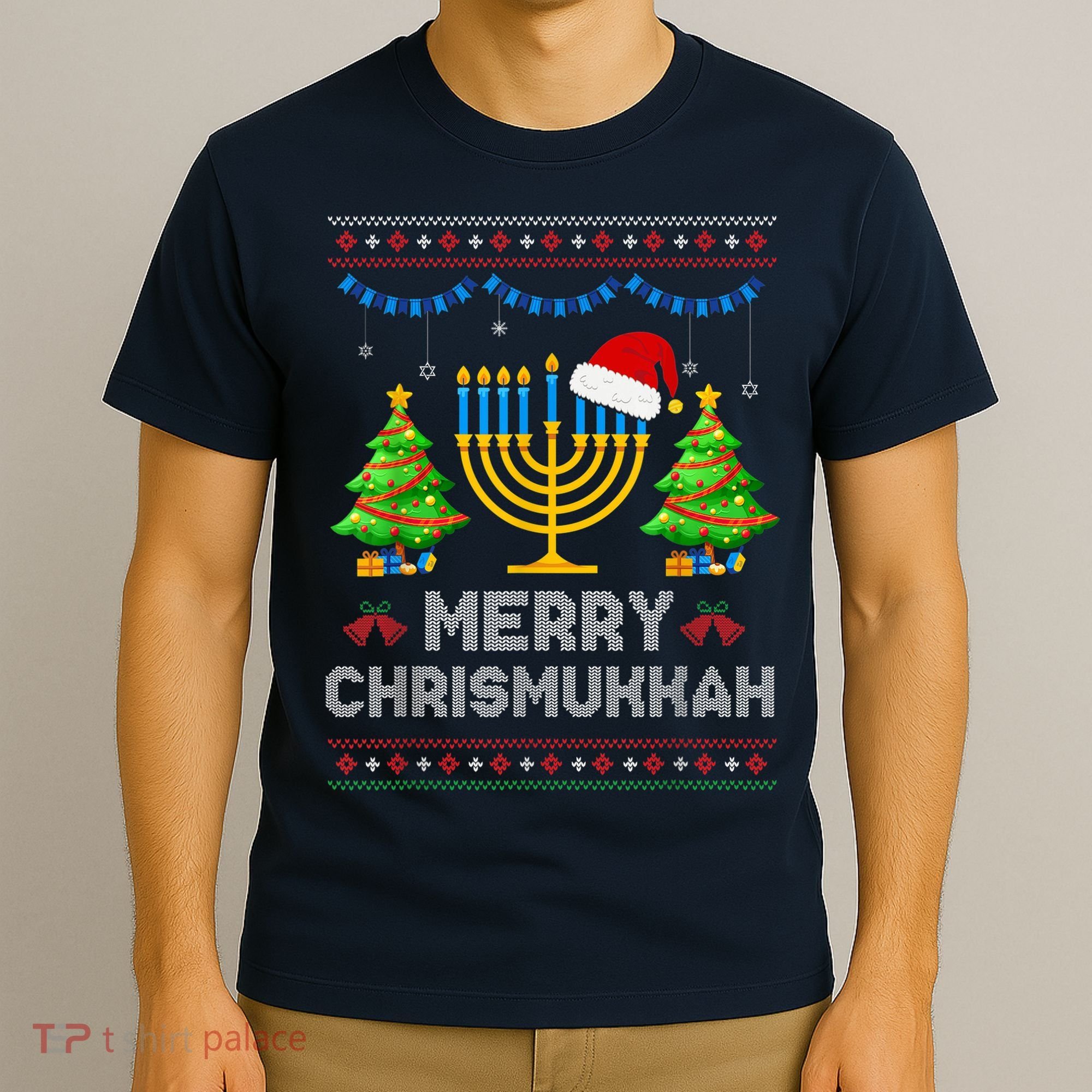 Merry Chrismukkah Happy Hanukkah Christmas Santa Hat Menorah T-Shirt