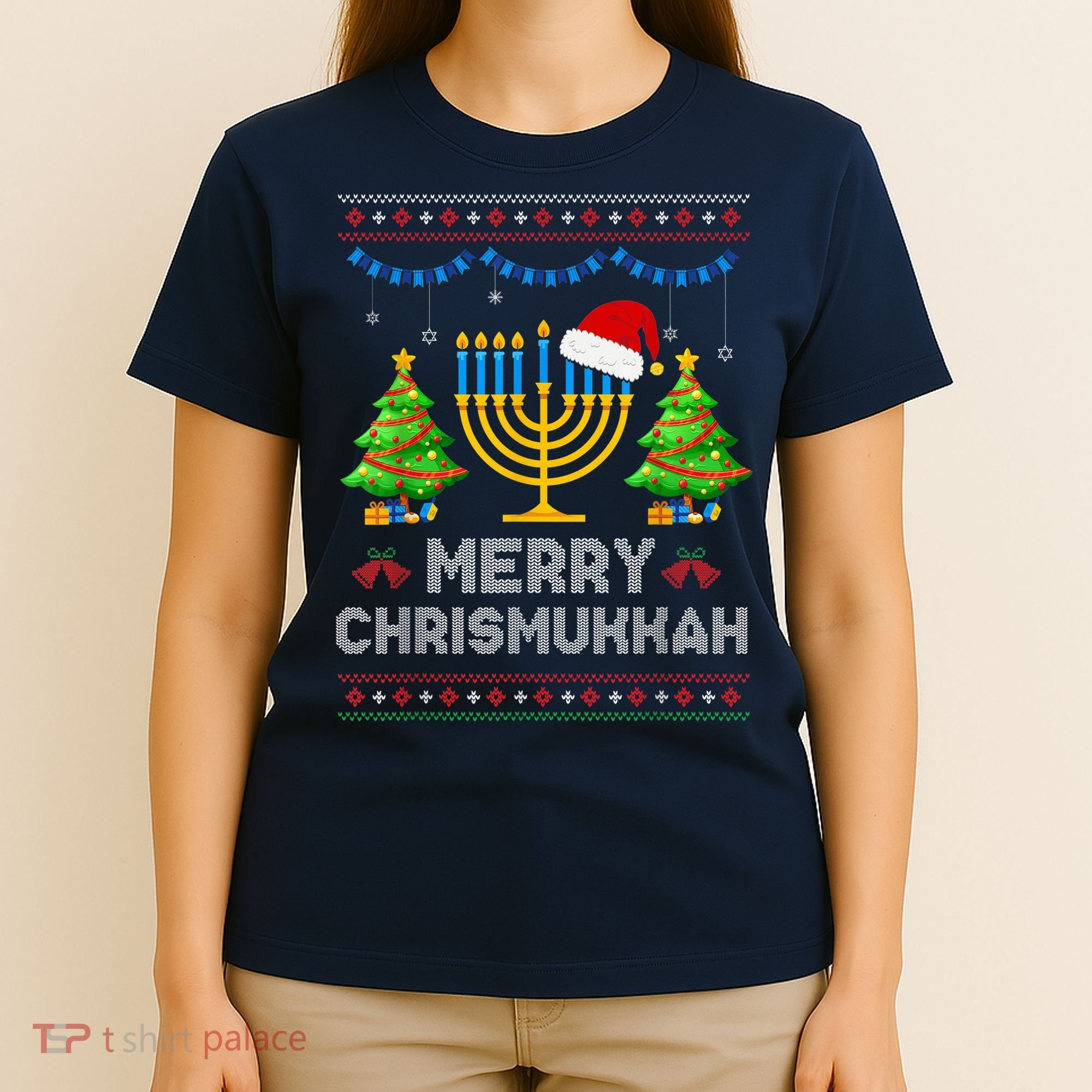 Merry Chrismukkah Happy Hanukkah Christmas Santa Hat Menorah T-Shirt