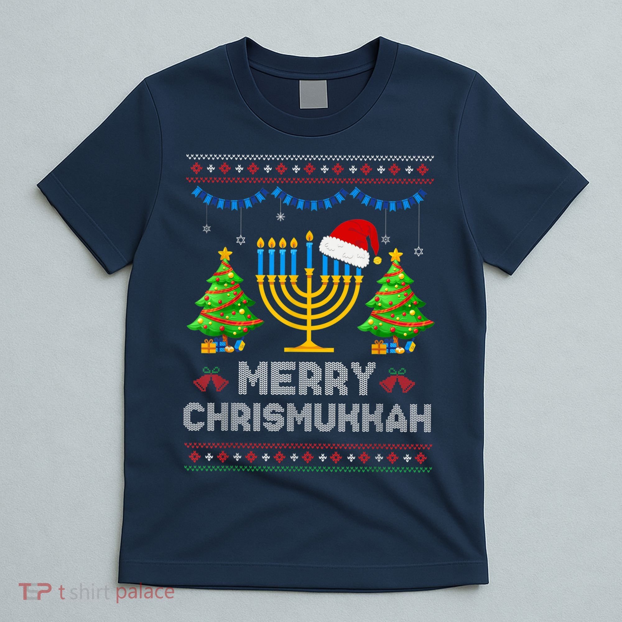 Merry Chrismukkah Happy Hanukkah Christmas Santa Hat Menorah T-Shirt