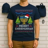 Merry Chrismukkah Happy Hanukkah Christmas Santa Hat Menorah T-Shirt thumb 6