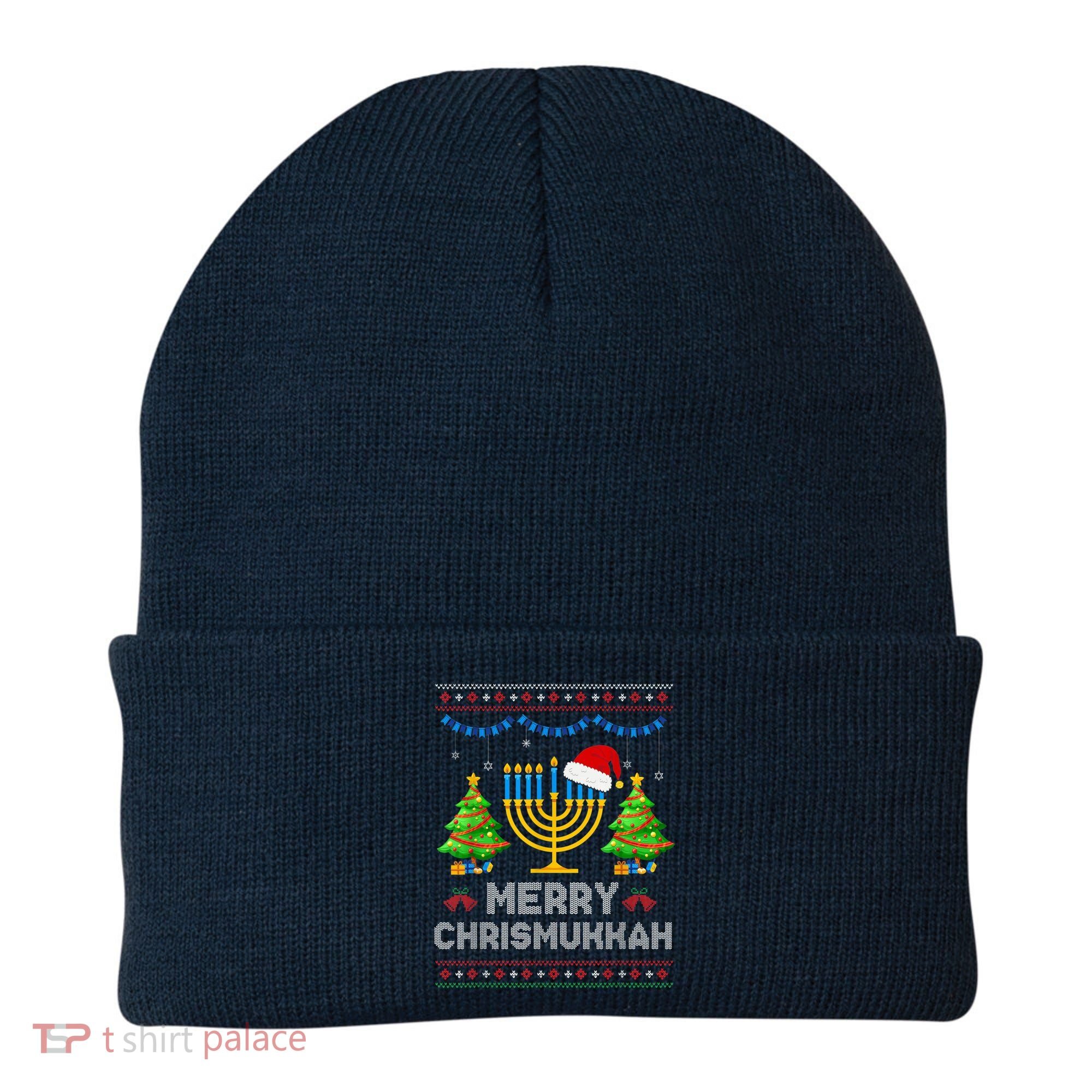 Merry Chrismukkah Happy Hanukkah Christmas Santa Hat Menorah Beanie