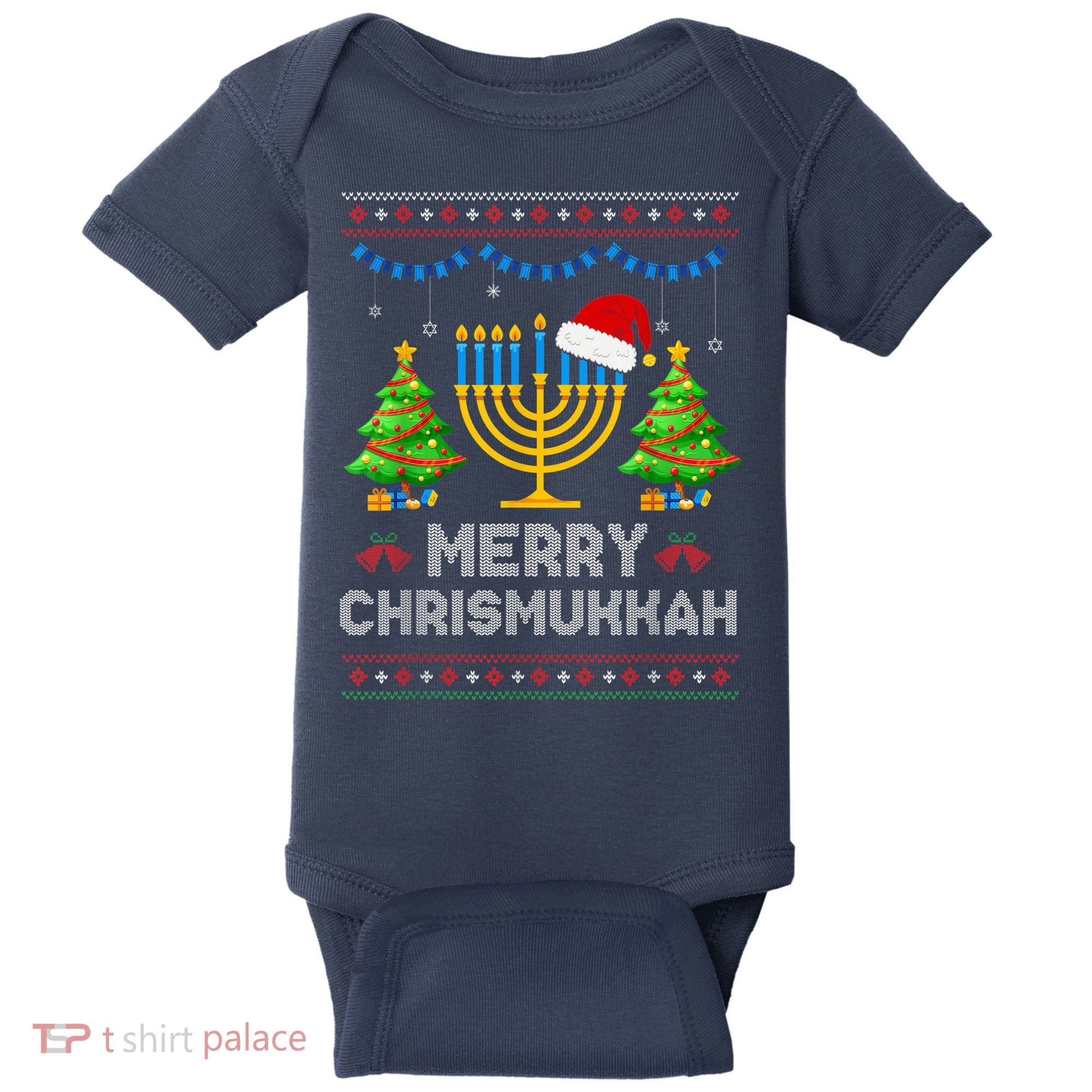 Merry Chrismukkah Happy Hanukkah Christmas Santa Hat Menorah Baby Bodysuit